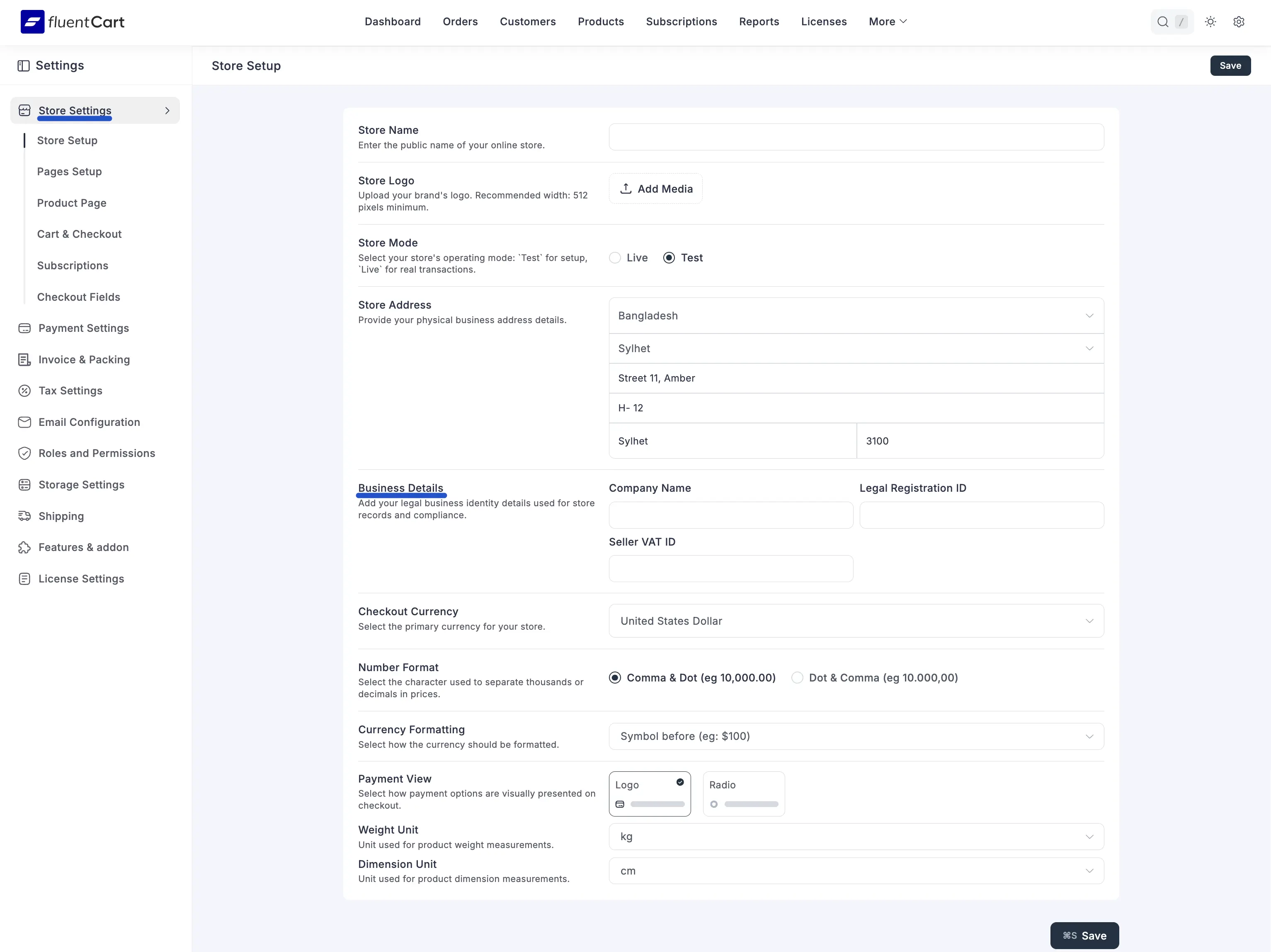Screenshot of Store Settings - Business Details block