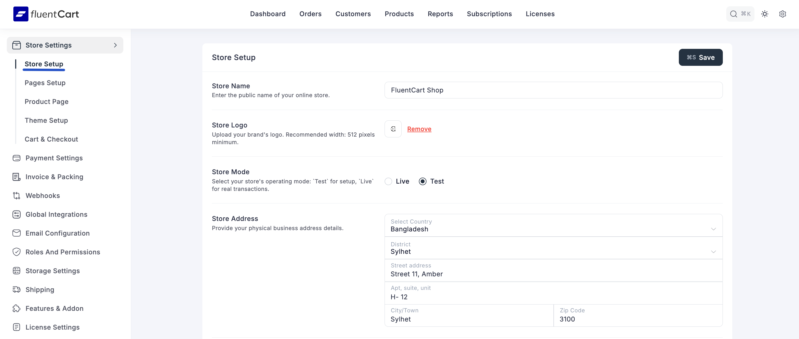 Screenshot of Store Settings - Store Setup Tab