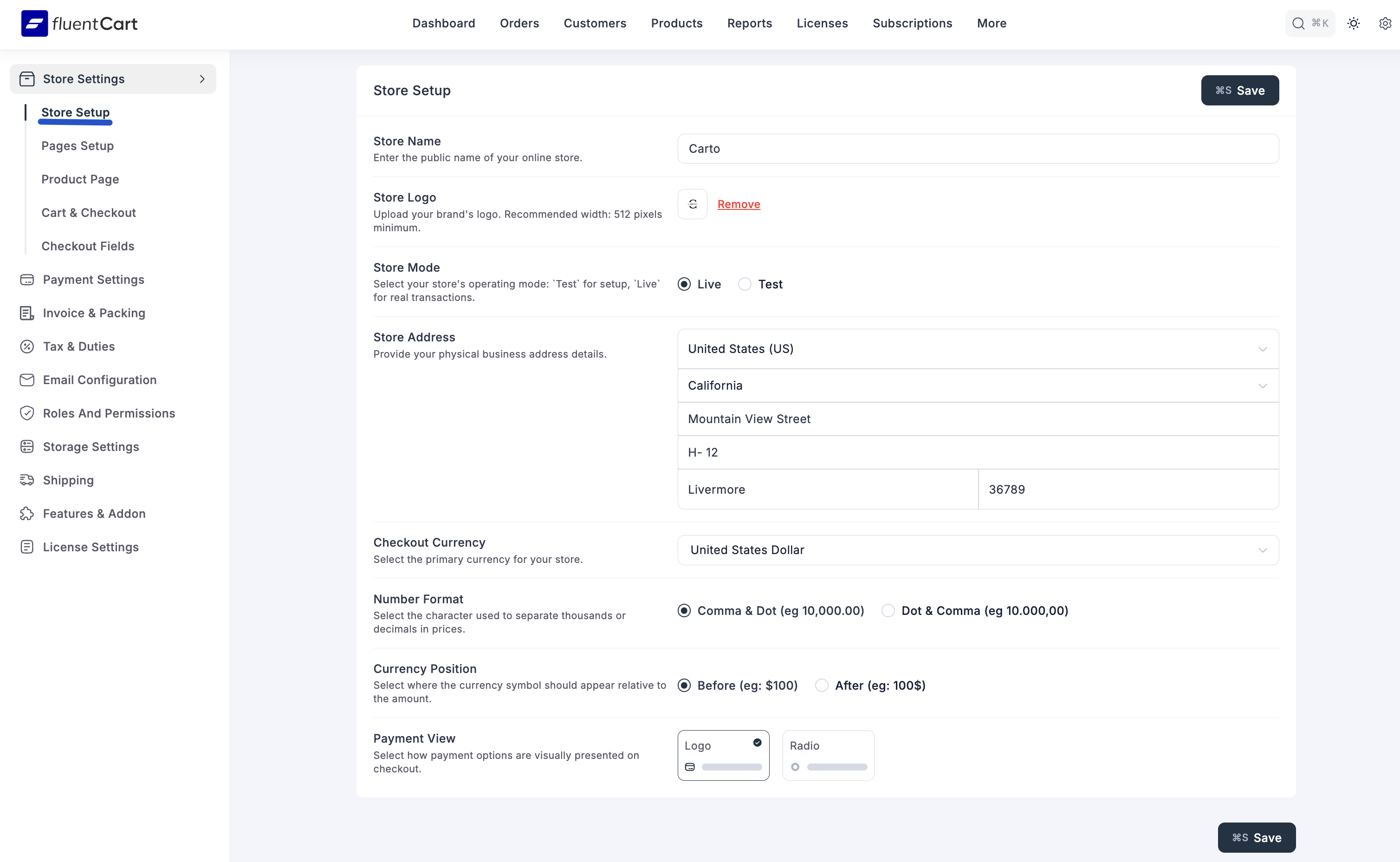 Screenshot of Store Settings - Store Setup Tab
