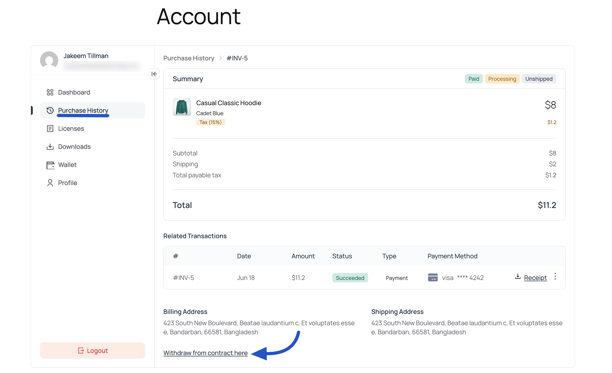 Screenshot of a customer's Purchase History order detail with the Withdraw from contract here link below the billing and shipping address