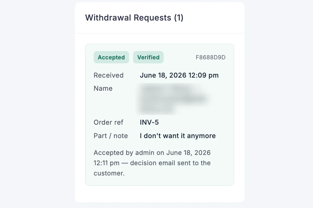 Screenshot of an accepted withdrawal request card showing the Accepted and Verified badges and a note that the decision email was sent to the customer