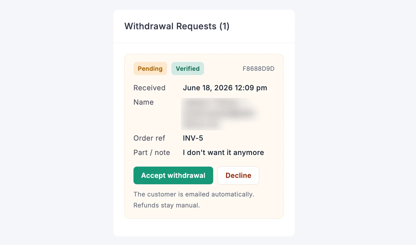 Screenshot of a pending, verified withdrawal request card with Accept withdrawal and Decline buttons