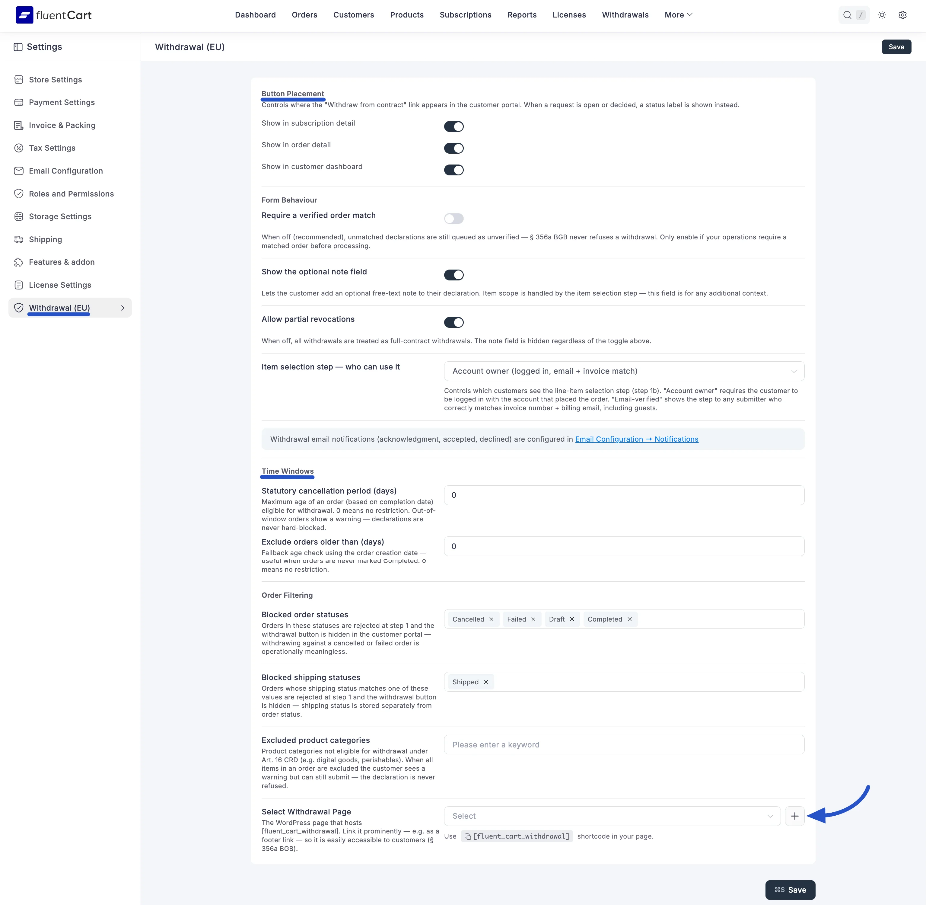 Screenshot of the FluentCart Withdrawal (EU) settings screen showing the Button Placement, Form Behaviour, Time Windows, and Order Filtering sections