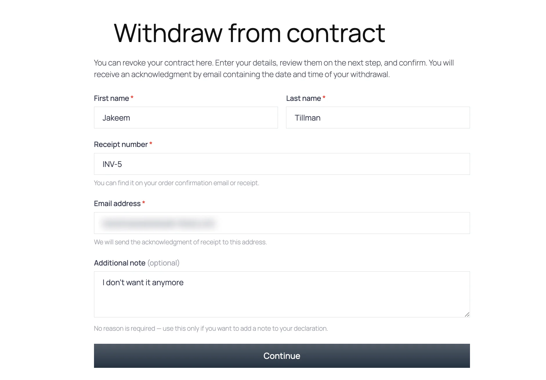 Screenshot of step one of the Withdraw from contract form with first name, last name, receipt number, email address, and an optional note field
