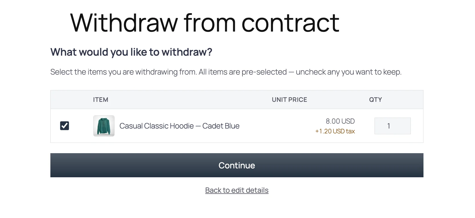 Screenshot of the item-selection step showing the order items pre-selected with item, unit price, and quantity columns