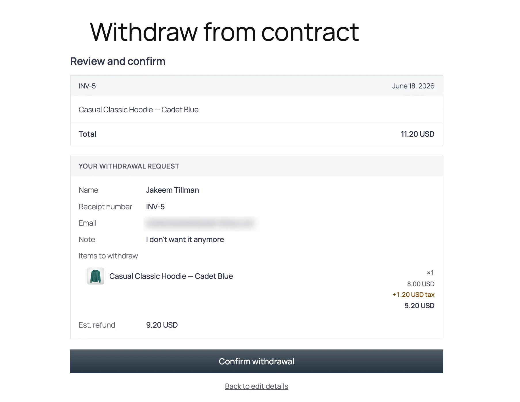 Screenshot of the review and confirm step showing the order summary, the withdrawal request details, the items to withdraw, and the estimated refund