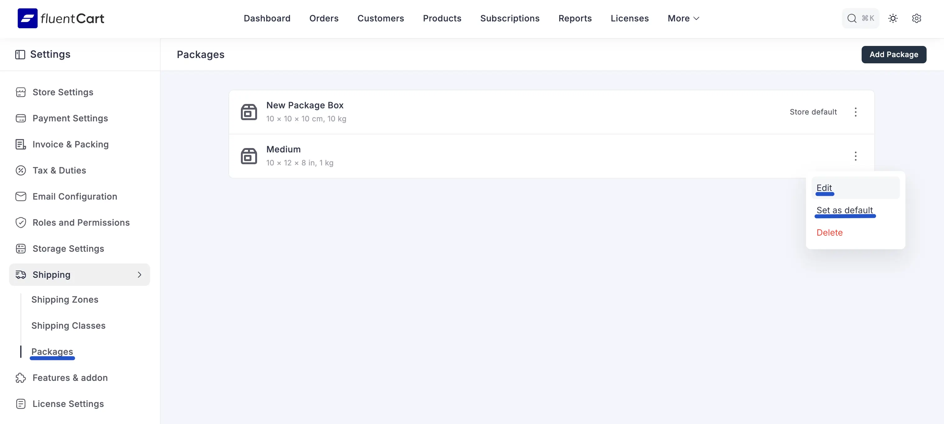 Screenshot of Package management options