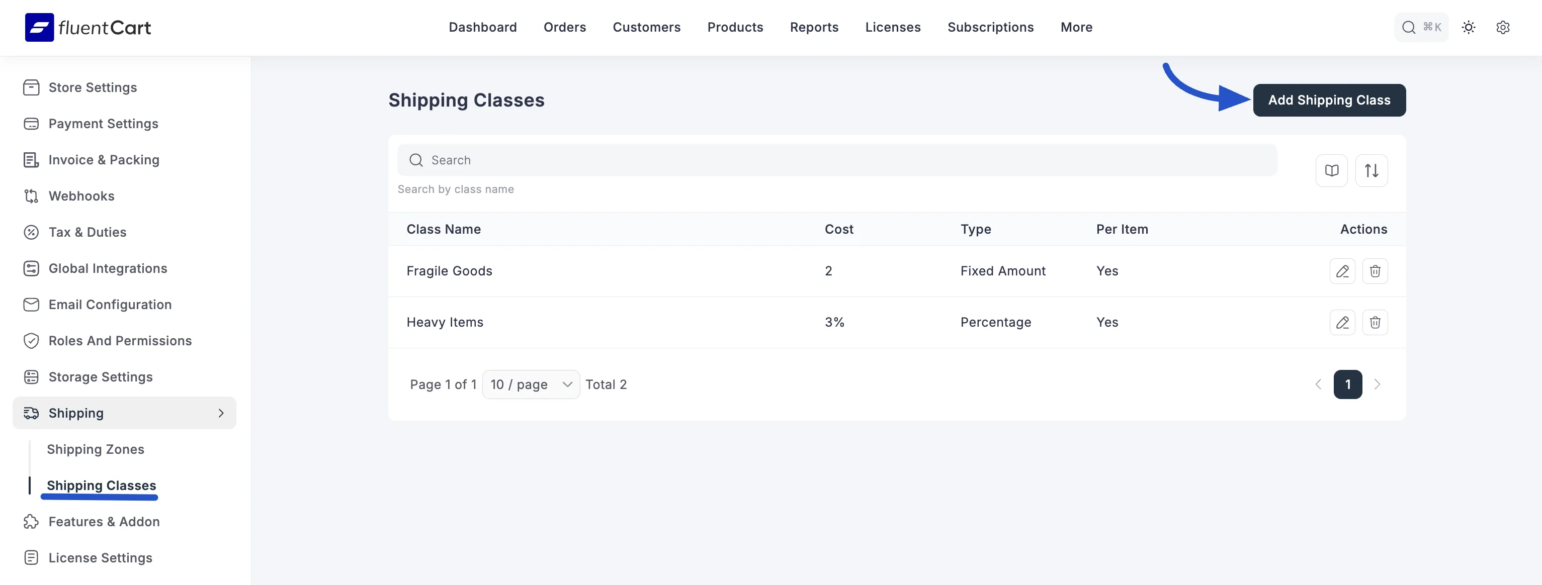 Screenshot of Shipping Classes