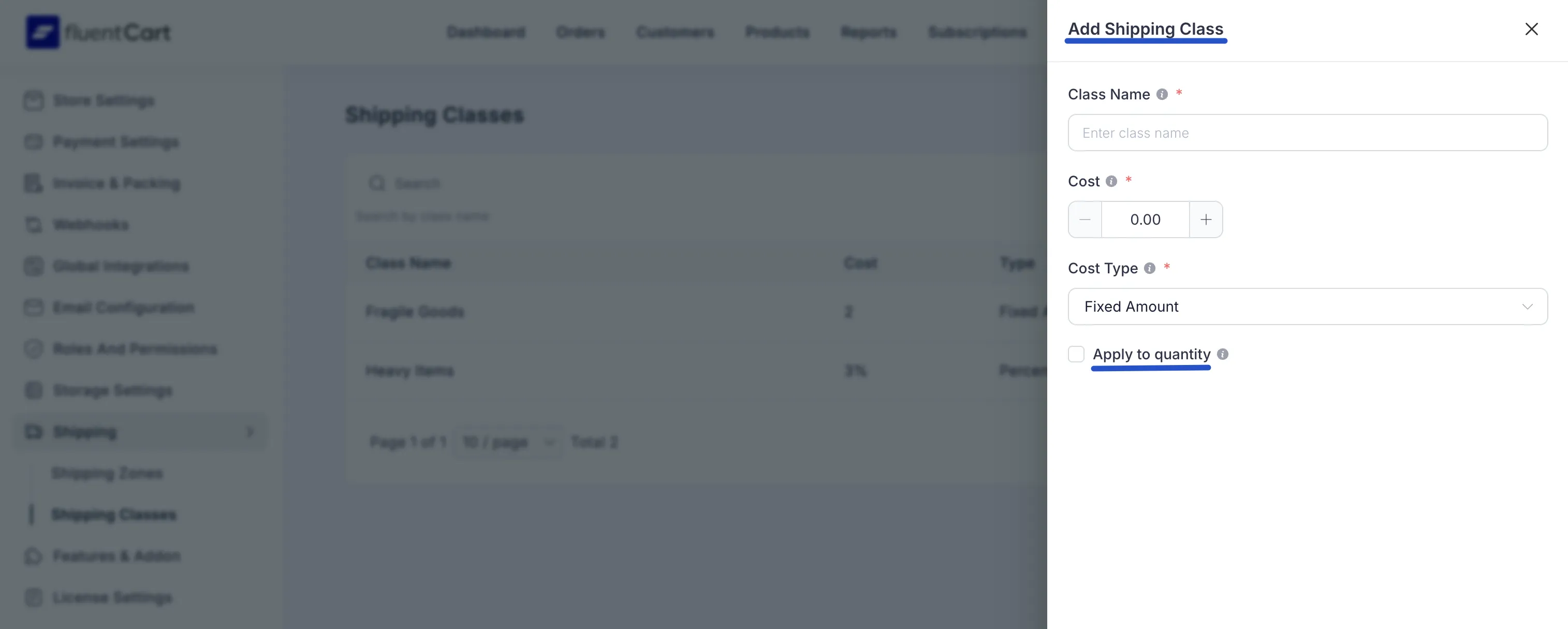 Screenshot of Shipping Classes