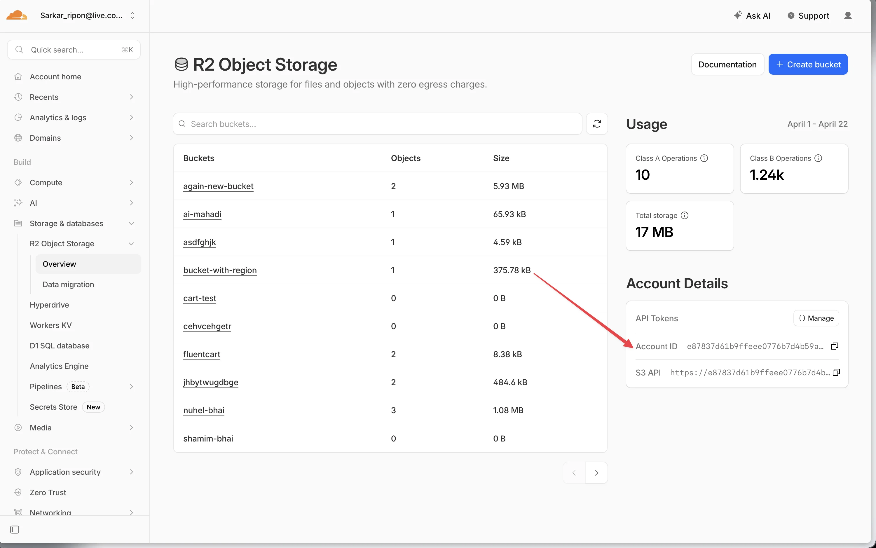 Cloudflare dashboard — Account ID location in R2 overview