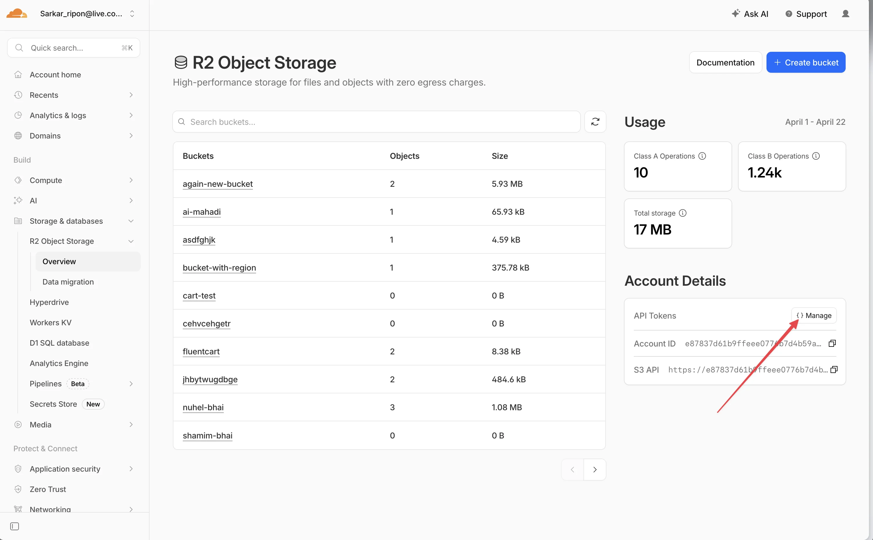 Cloudflare dashboard — Manage API Tokens button