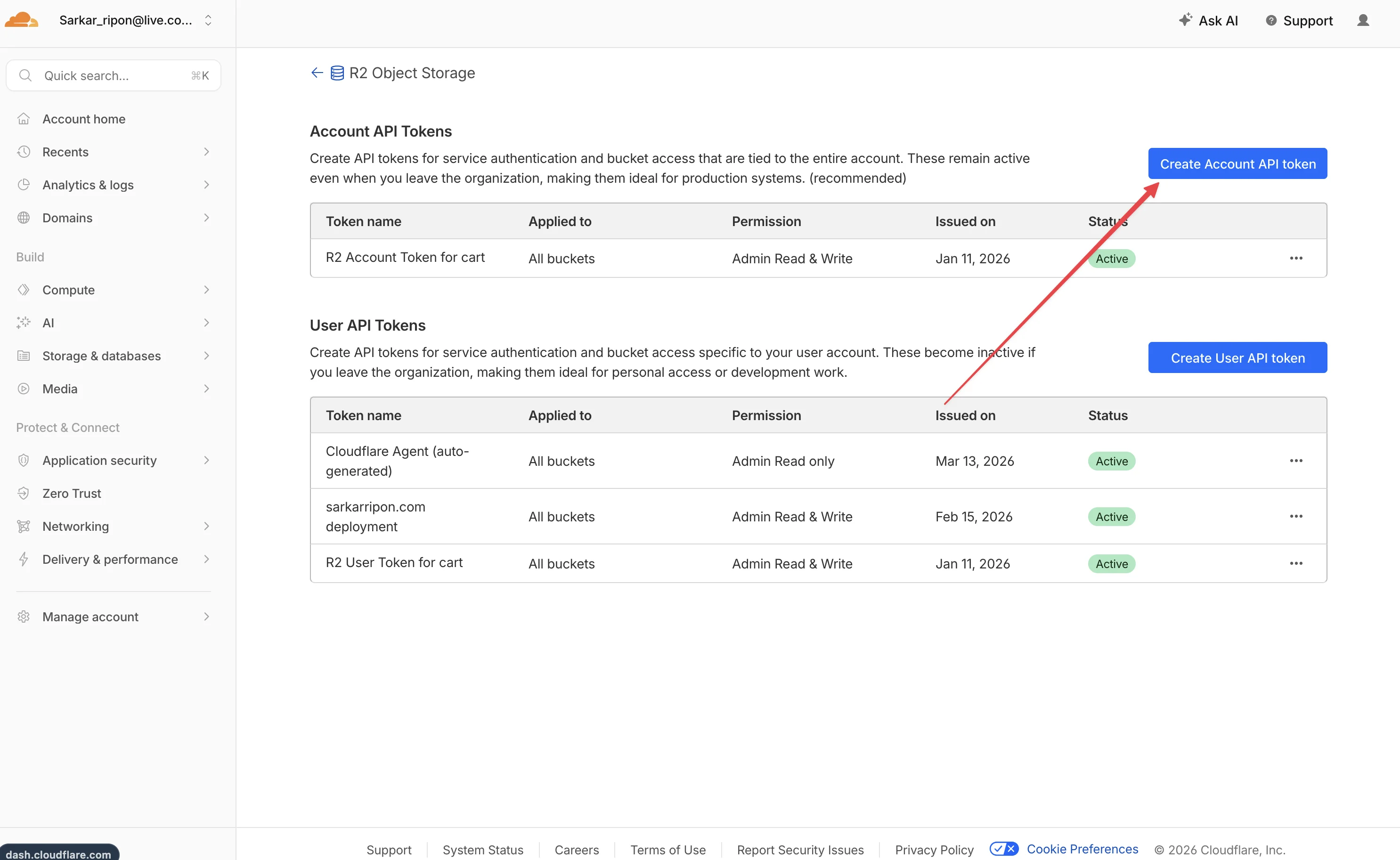 Cloudflare dashboard — Create Account API Token button