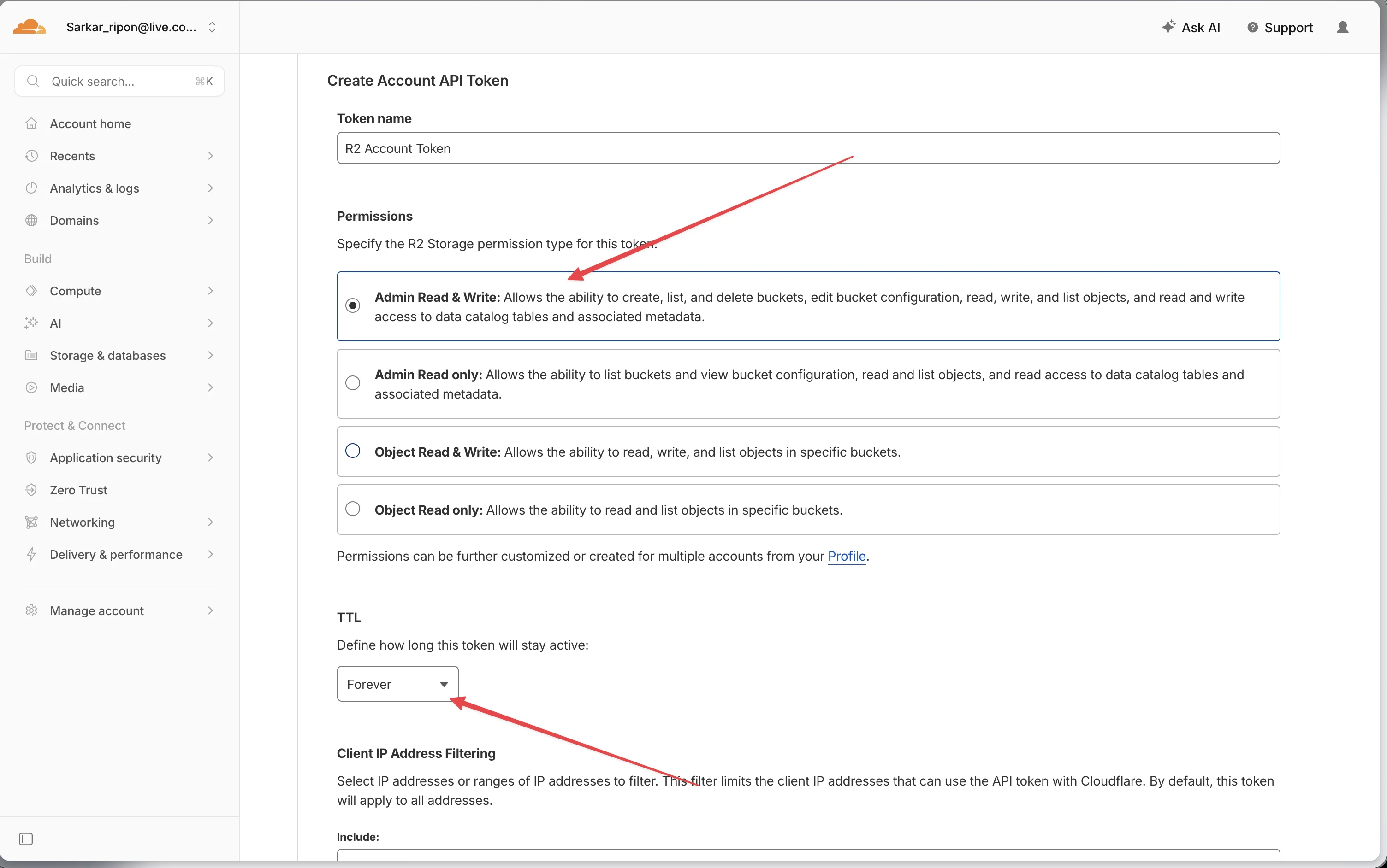 Cloudflare dashboard — Create Account API Token with Admin Read & Write and Forever TTL