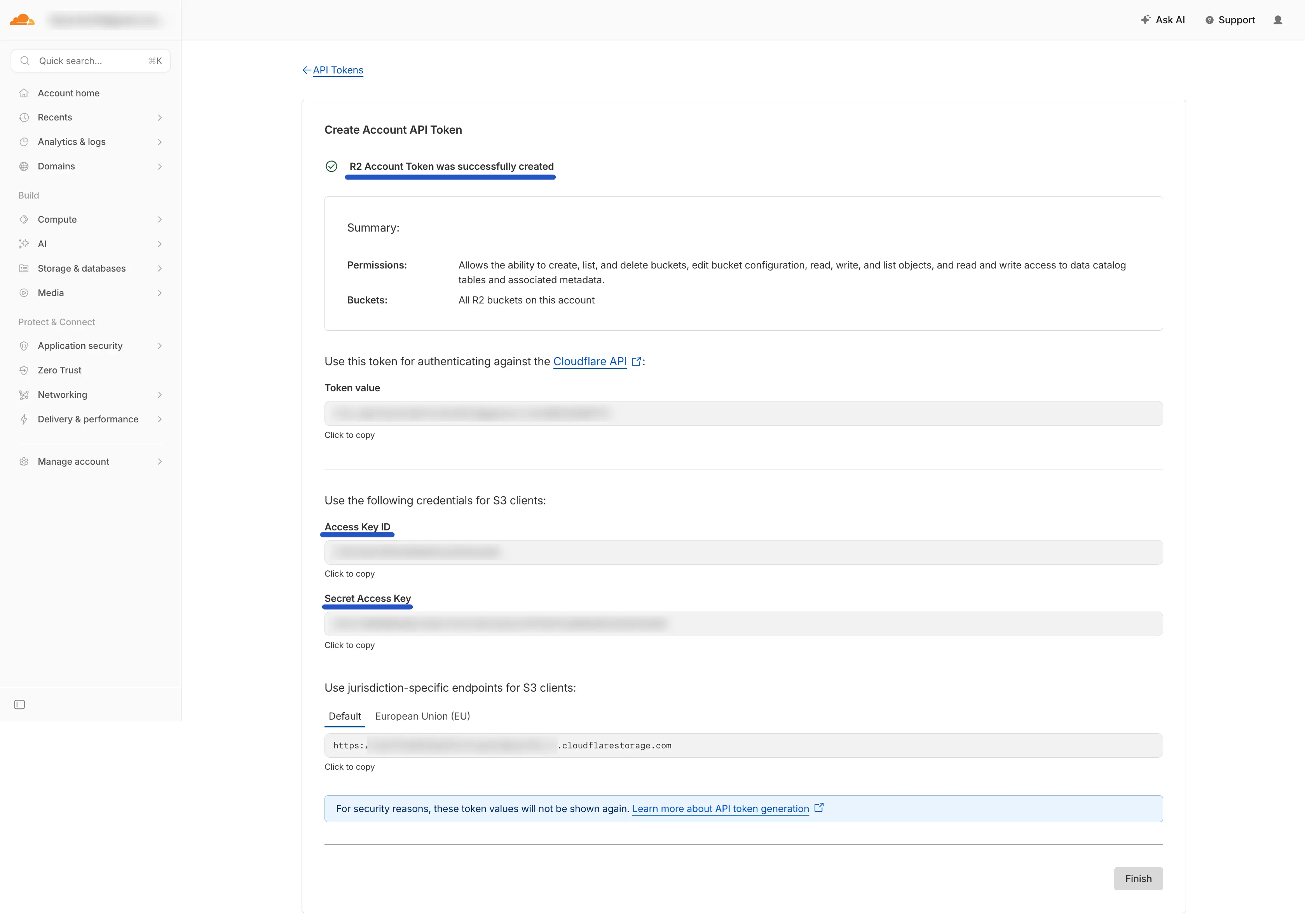 Cloudflare dashboard — Create Account API Token