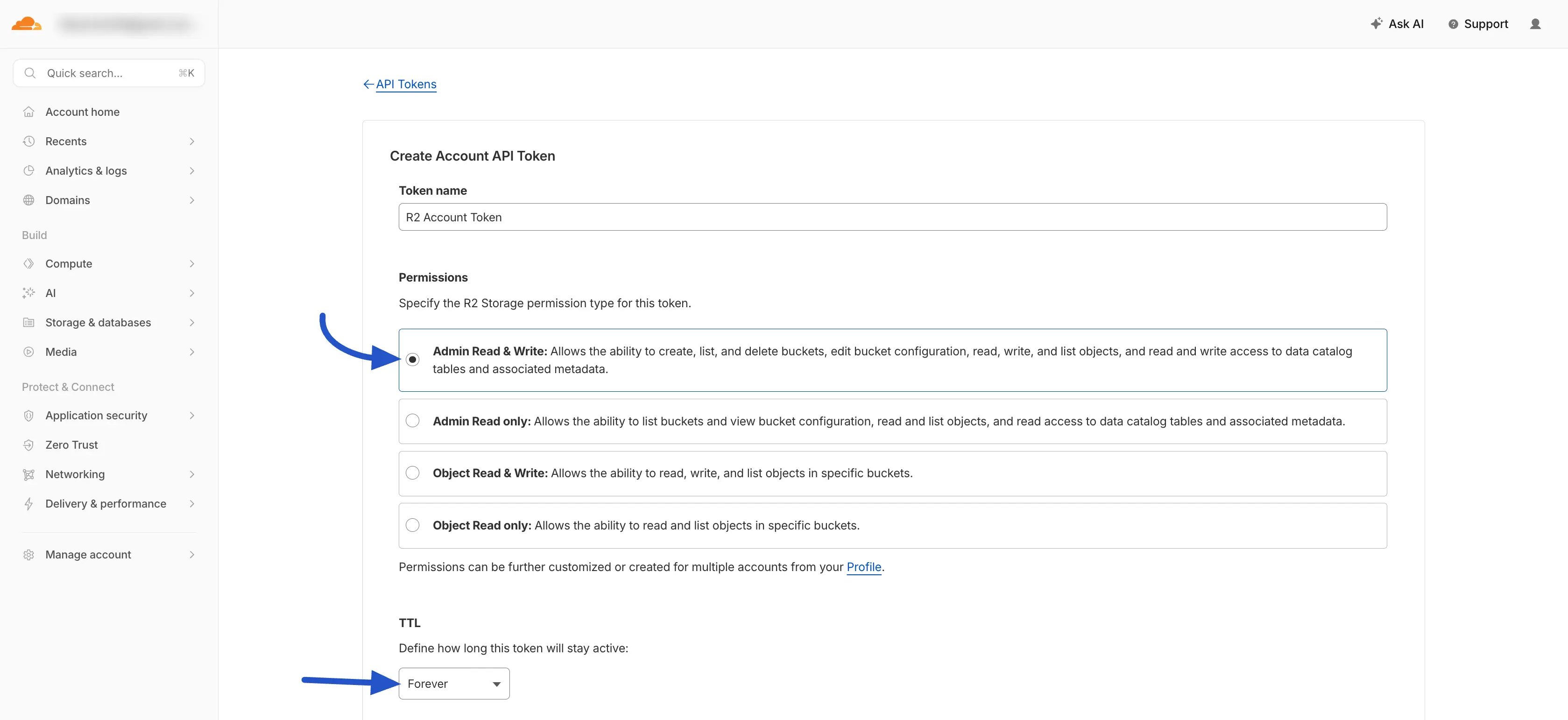 Cloudflare dashboard — Create Account API Token with Admin Read & Write and Forever TTL