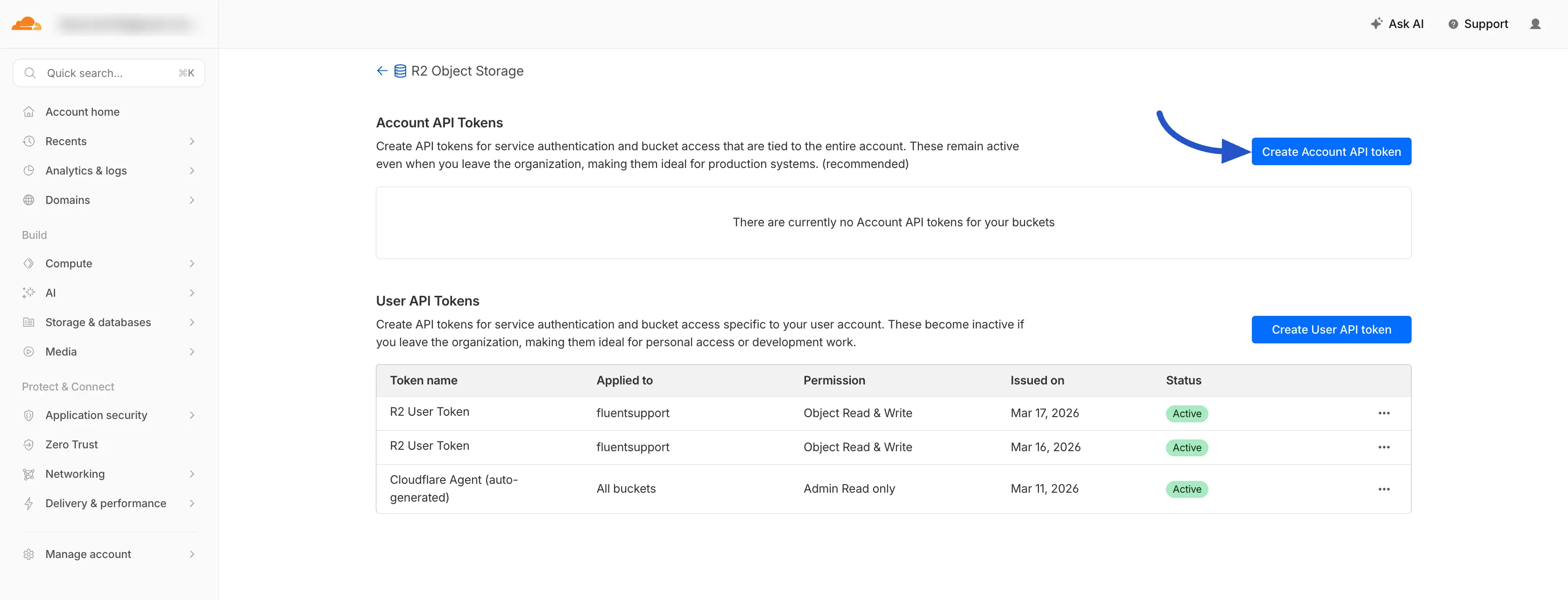 Cloudflare dashboard — Create Account API Token button