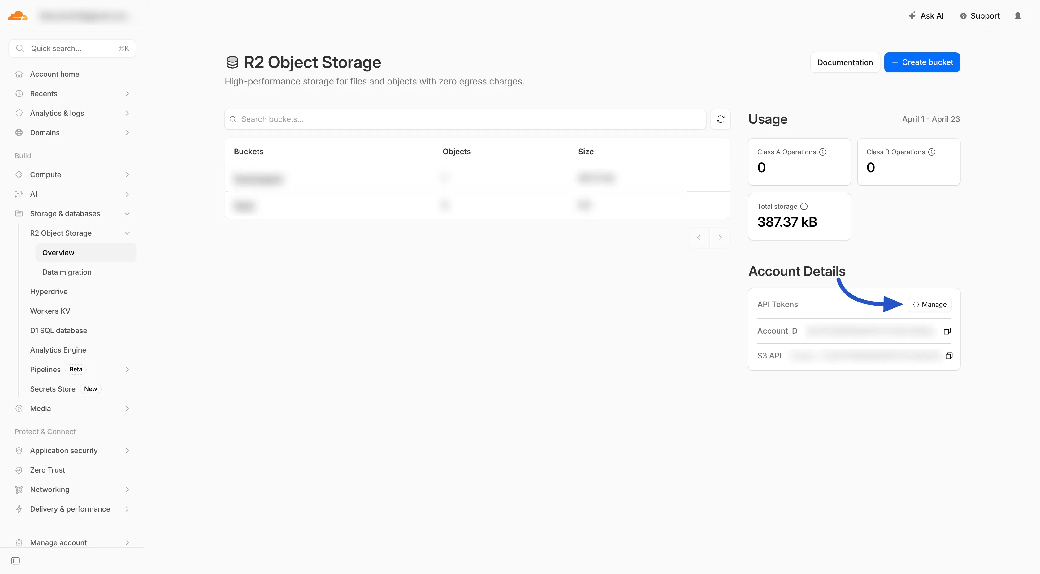 Cloudflare dashboard — Manage API Tokens button