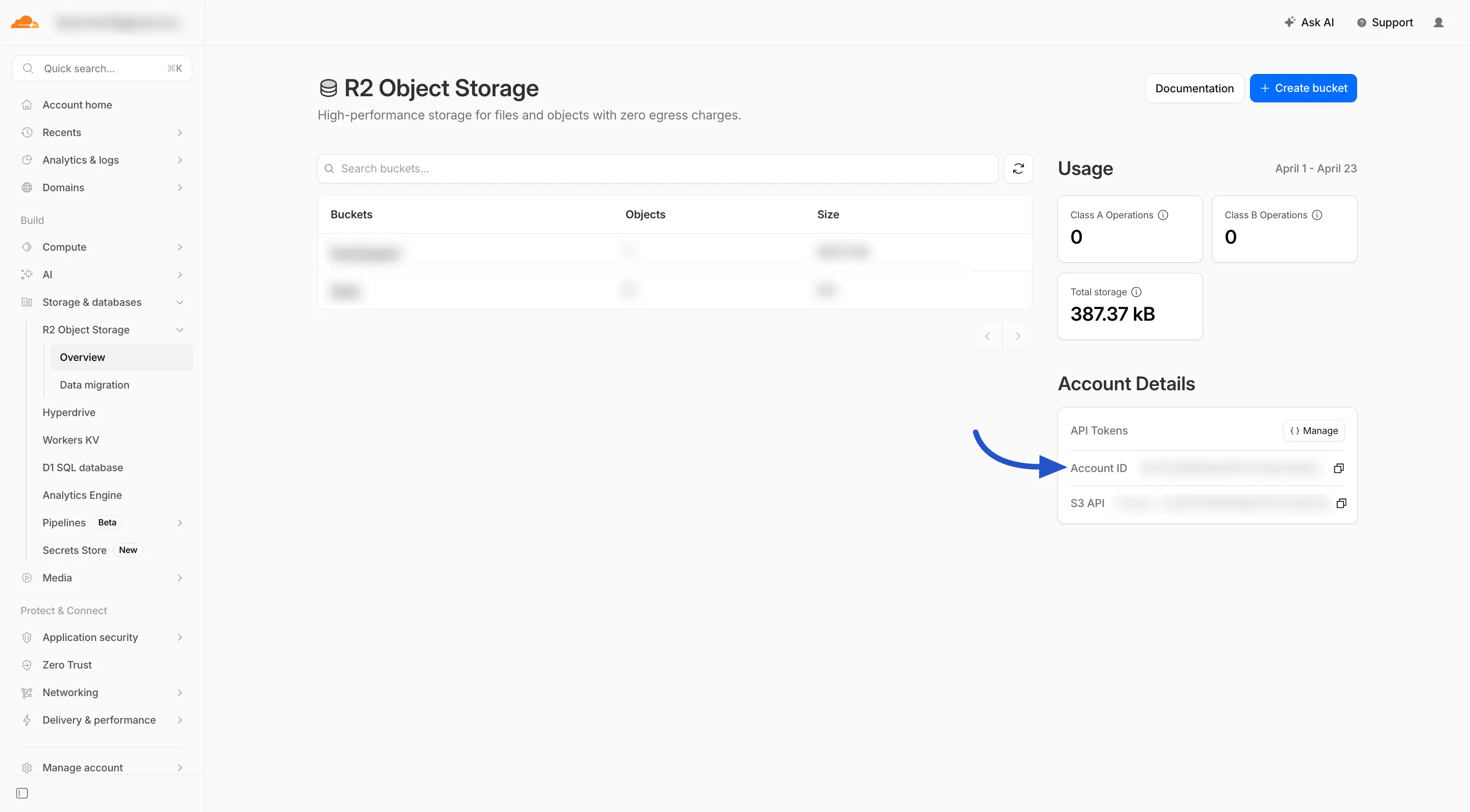 Cloudflare dashboard — Account ID location in R2 overview