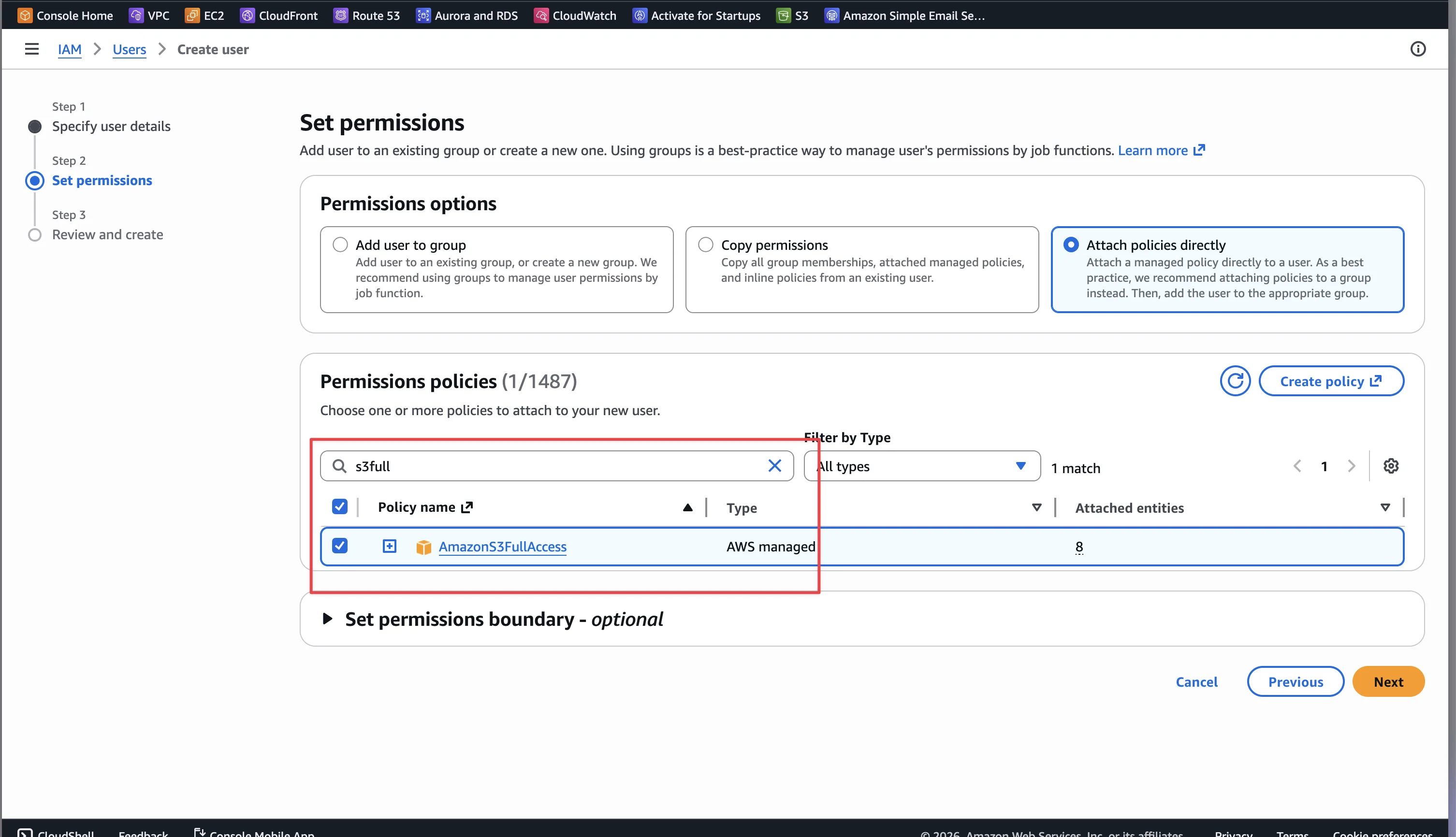 AWS IAM — Attach AmazonS3FullAccess policy directly