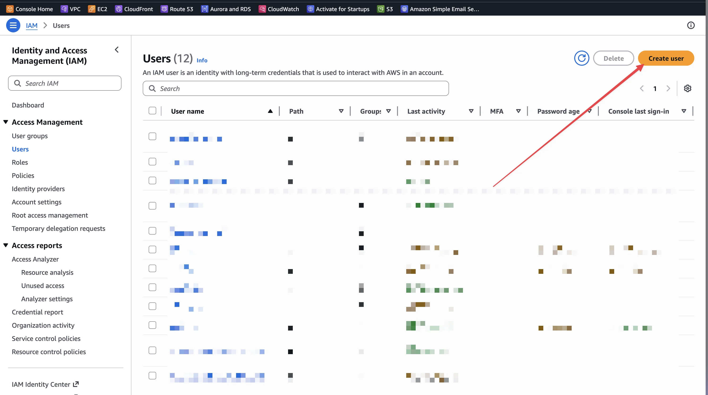 AWS IAM — Users list with Create user highlighted