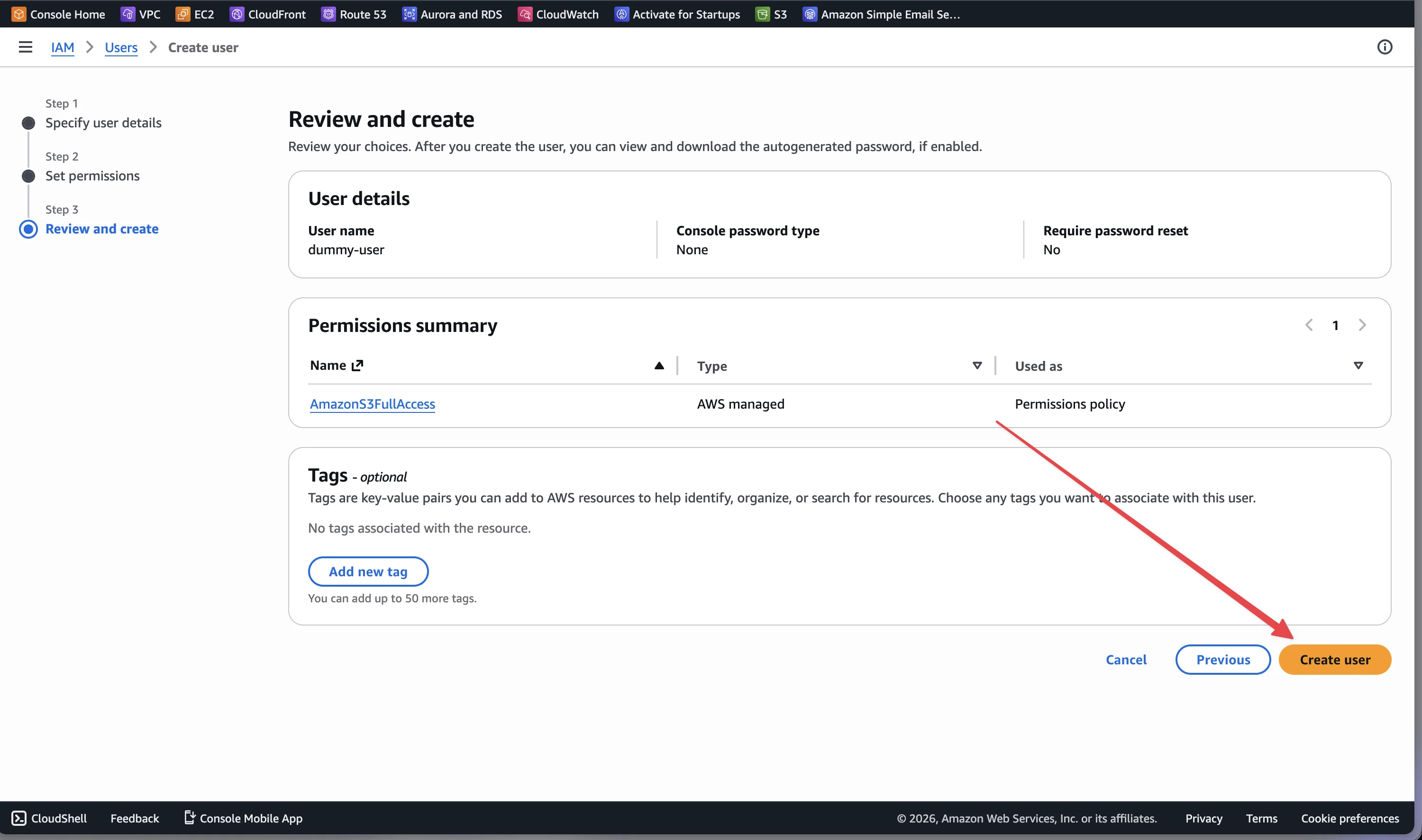 AWS IAM — Review and create the new IAM user