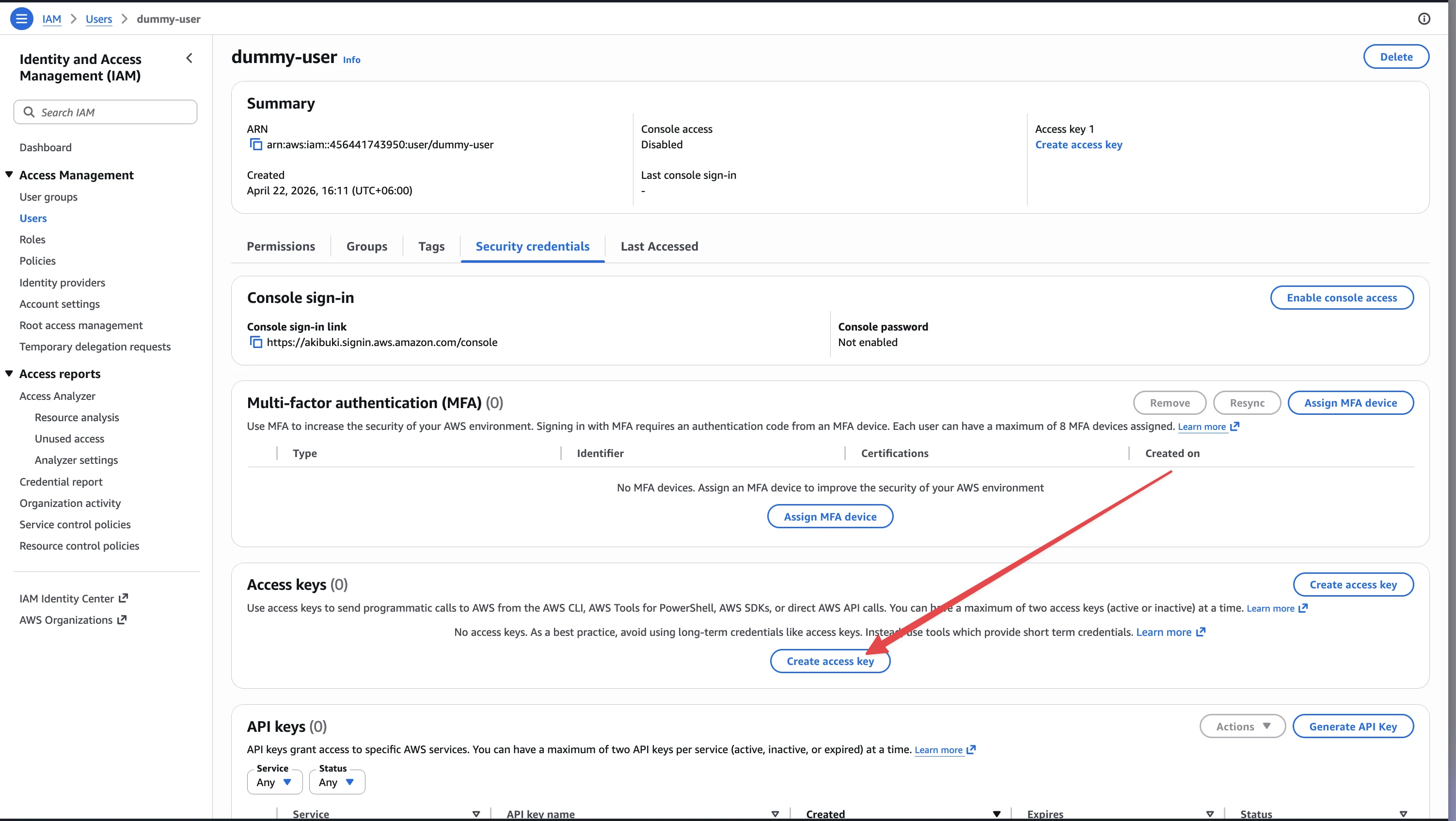 AWS IAM — User security credentials with Create access key