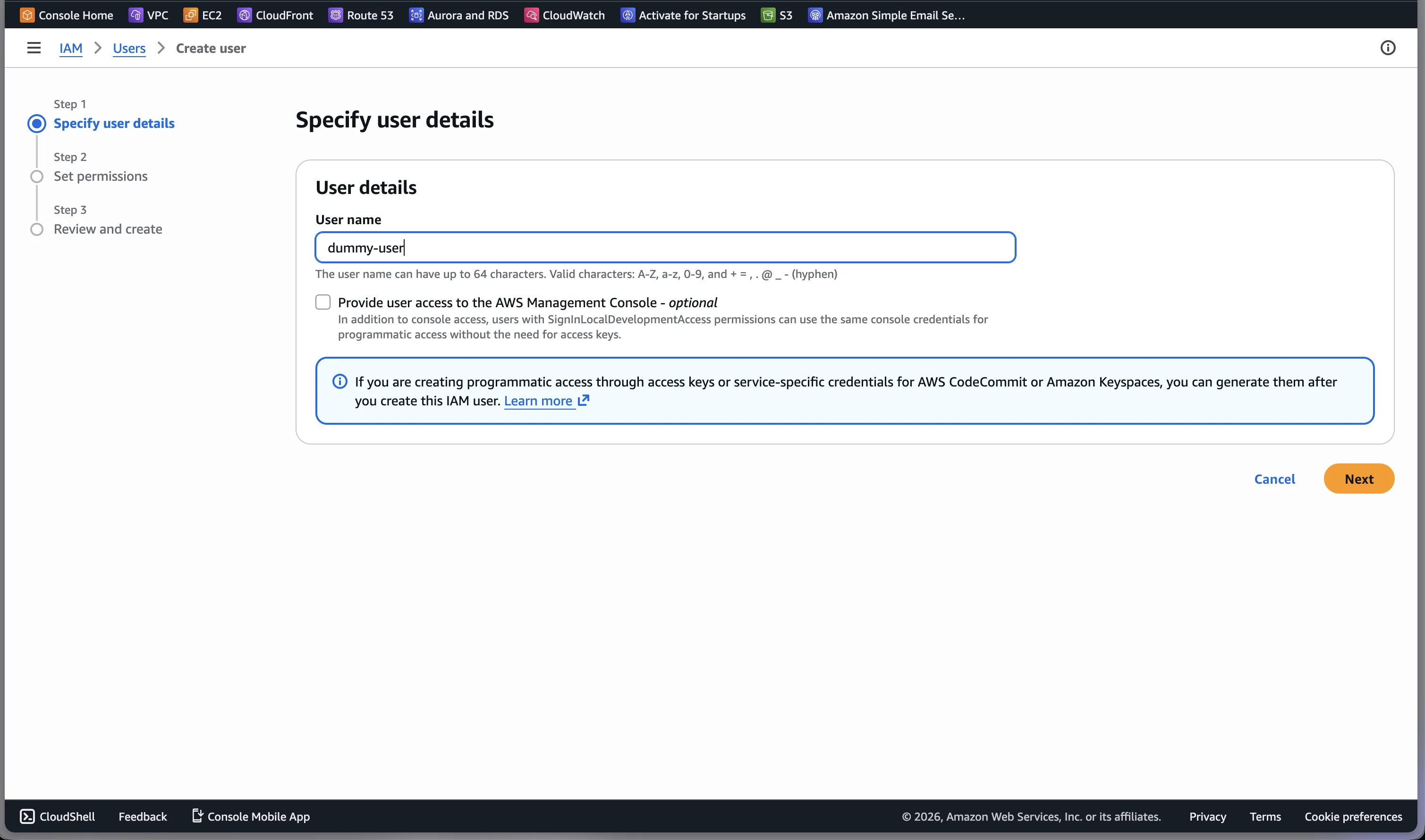 AWS IAM — Specify user details with a programmatic-only user