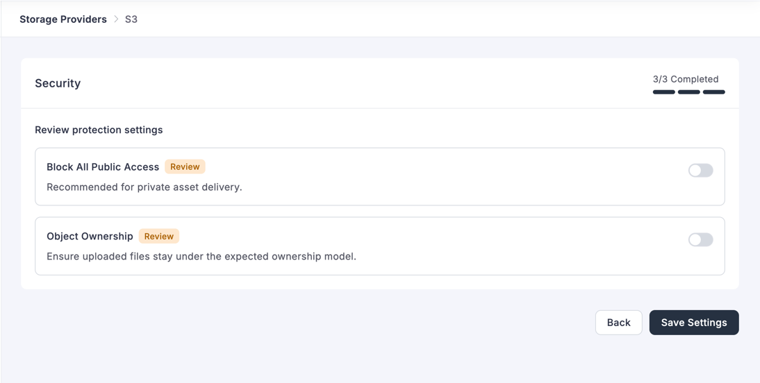 Amazon S3 — Security step with toggles disabled, not recommended