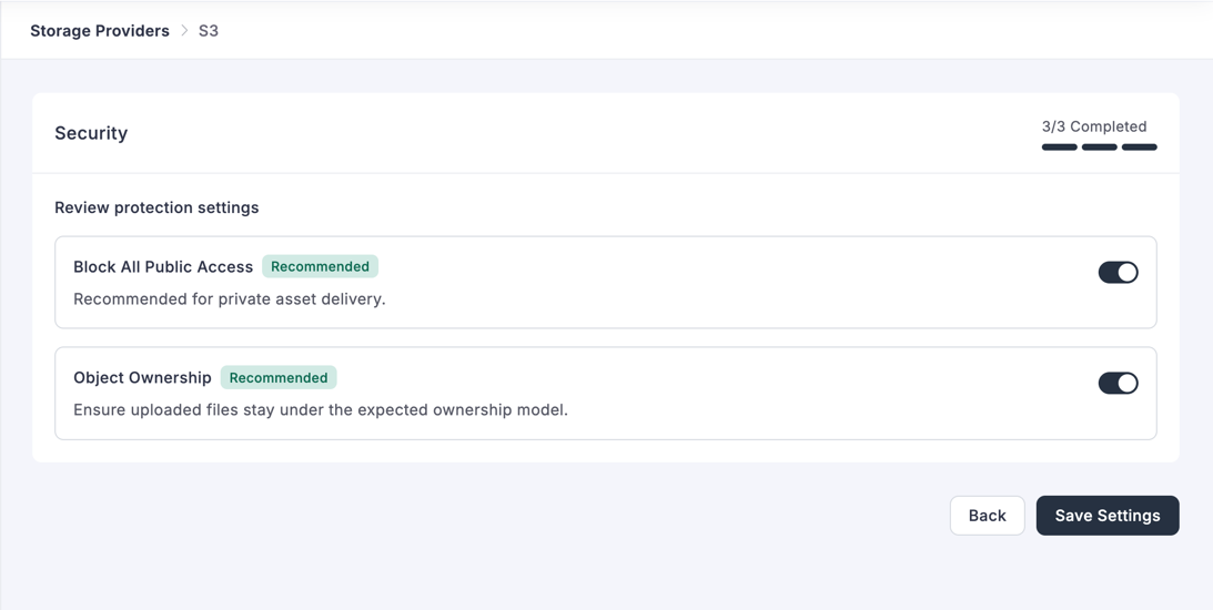 Amazon S3 — Security step with recommended toggles enabled