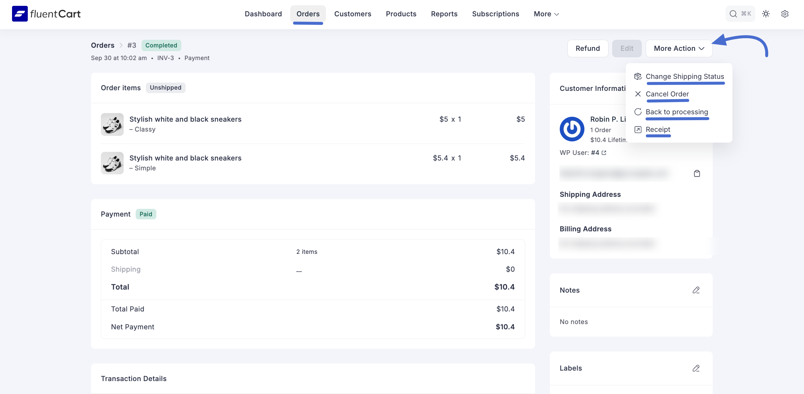 Screenshot of More Actions Dropdown