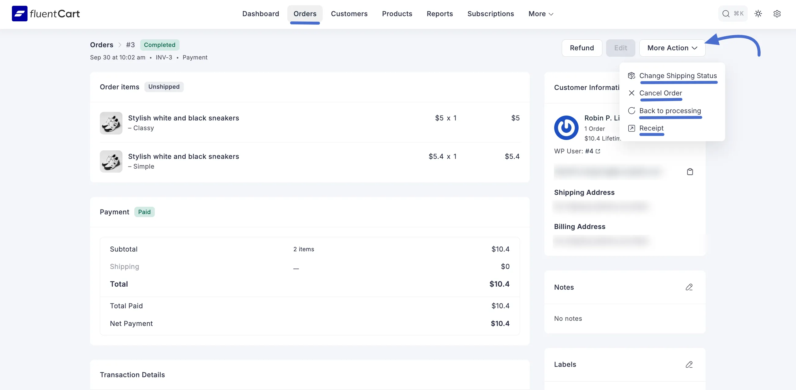 Screenshot of More Actions Dropdown