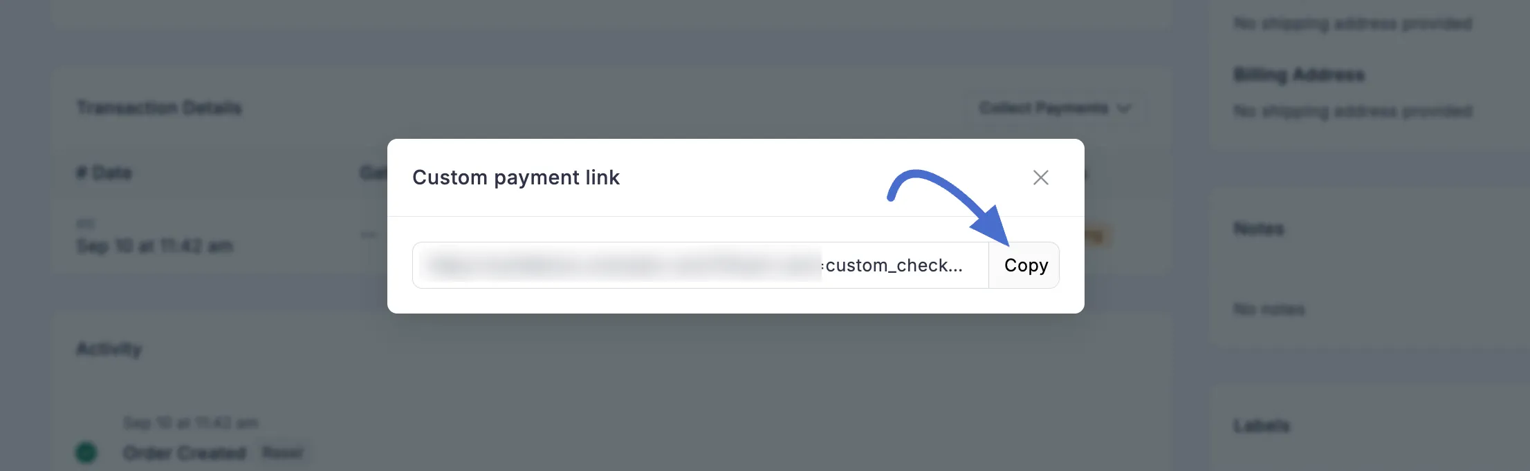 Screenshot of Custom Payment Link Modal