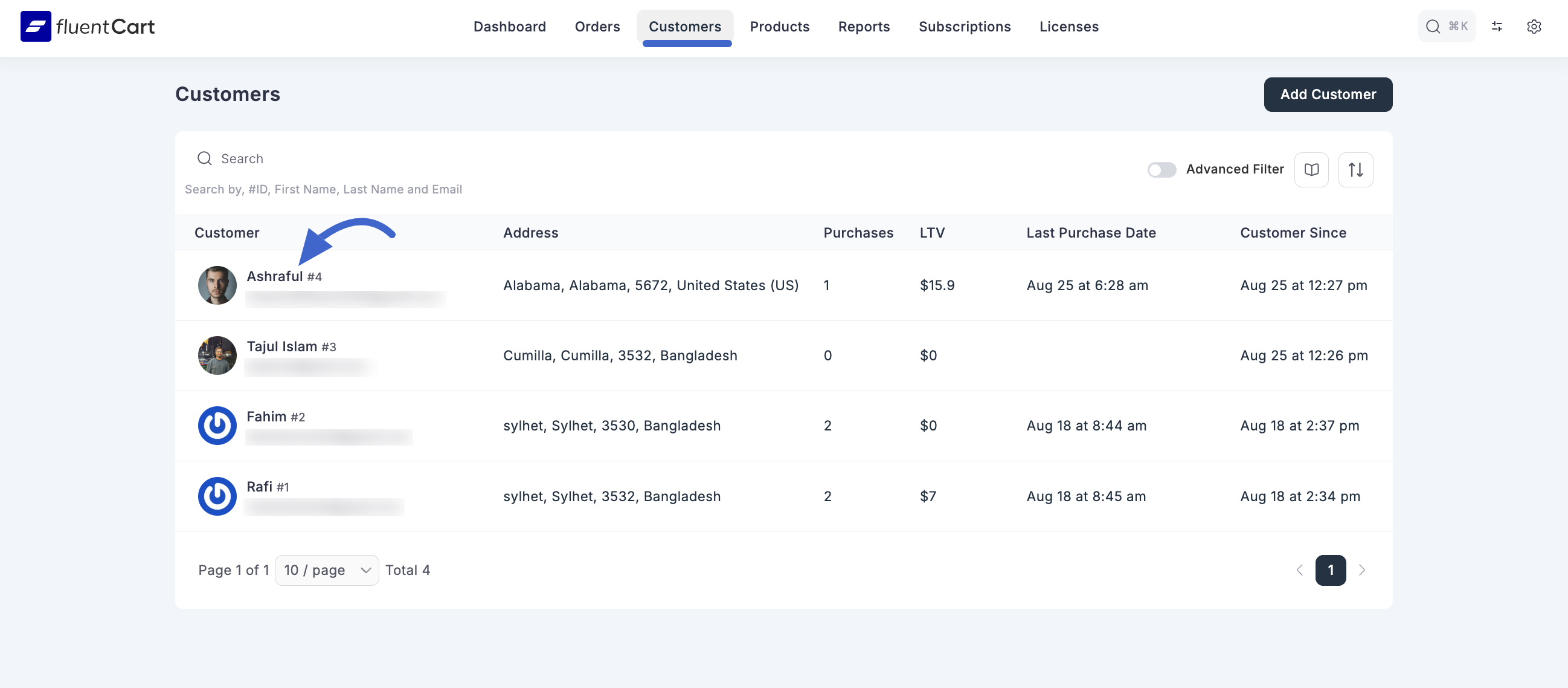 Screenshot of Customer Details Page