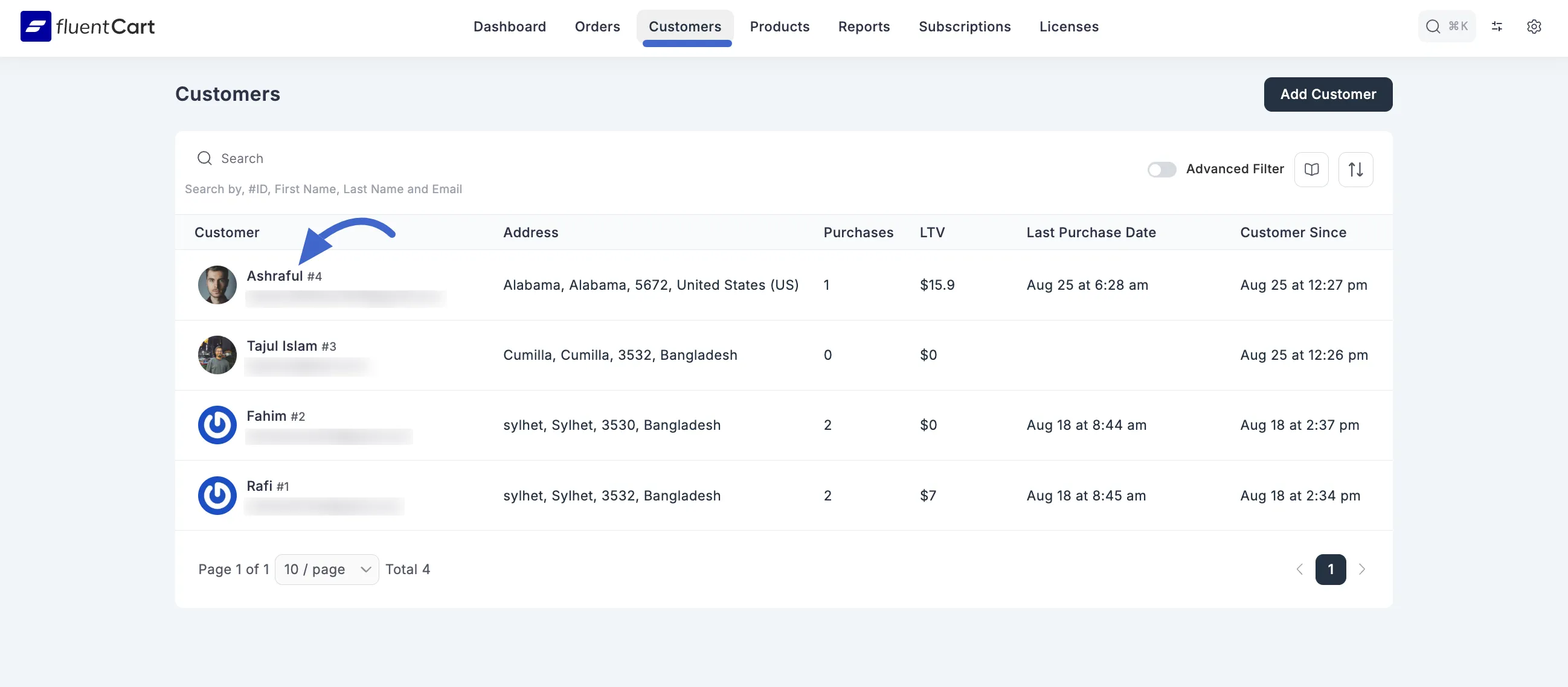Screenshot of Customer Details Page