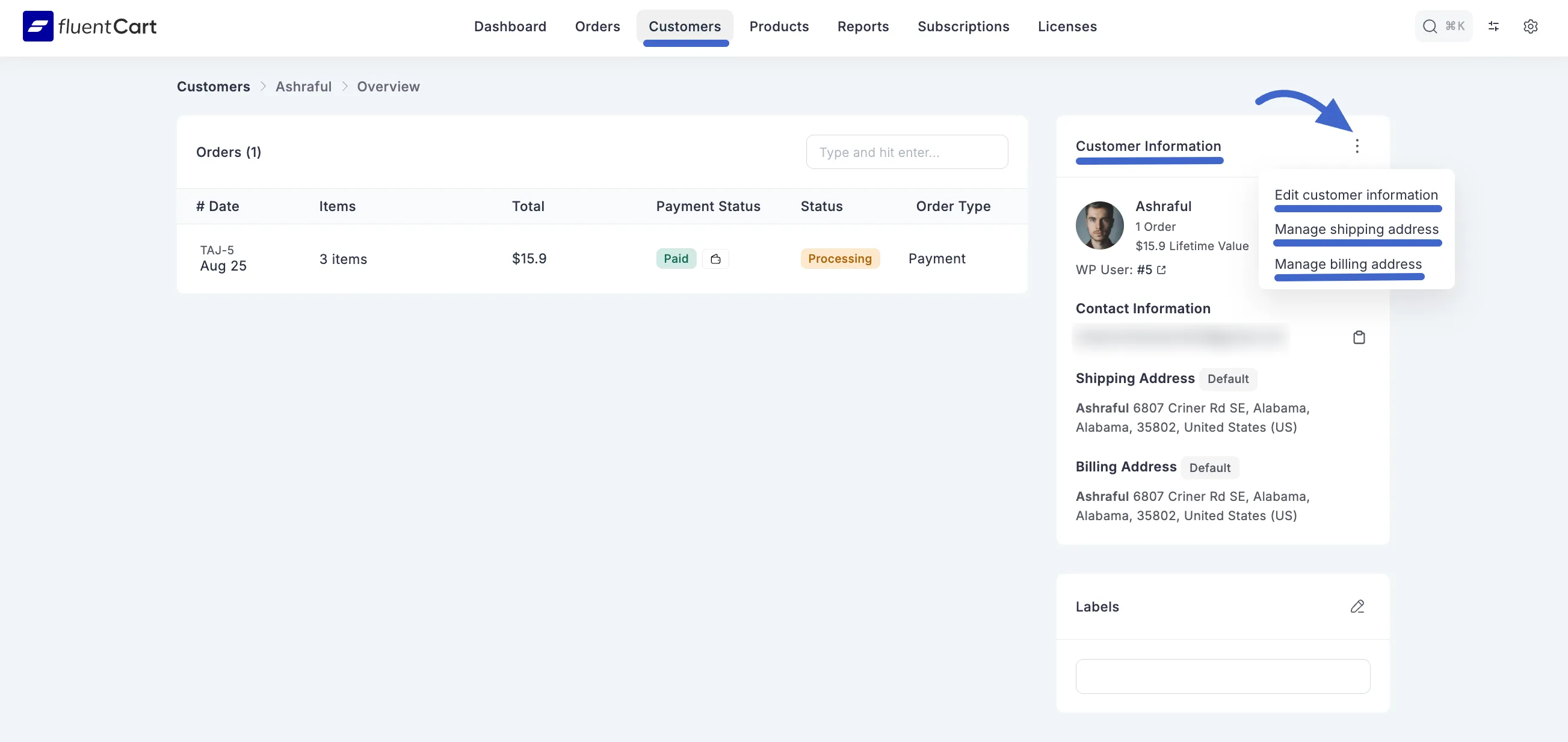 Screenshot of Customer Details Page