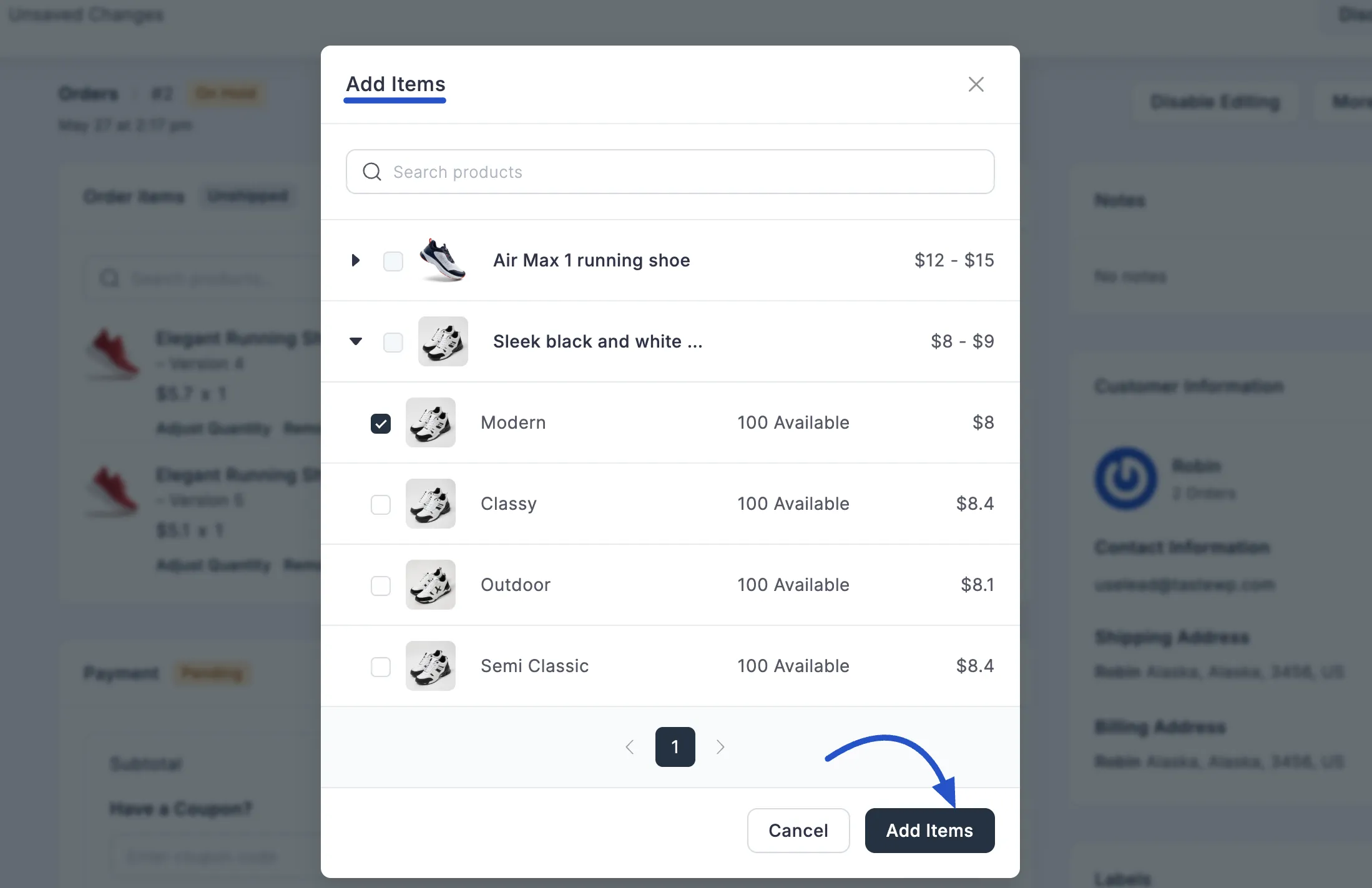 Screenshot of Add Items Modal