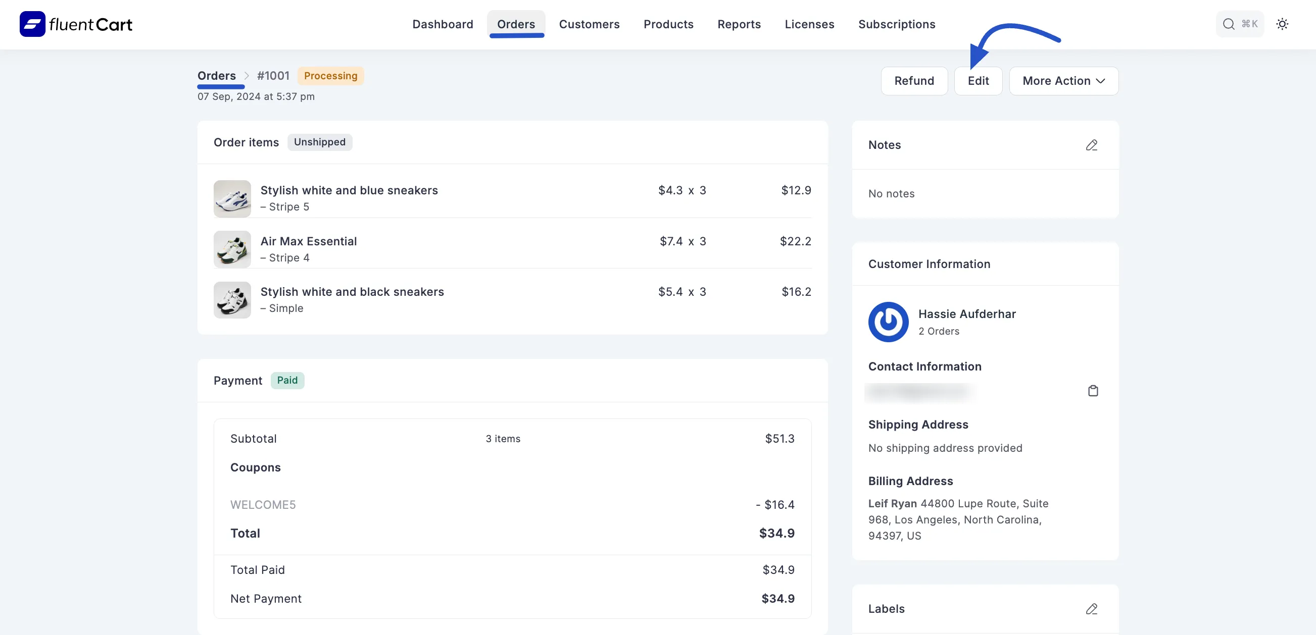 Screenshot of Order Details with Edit Button