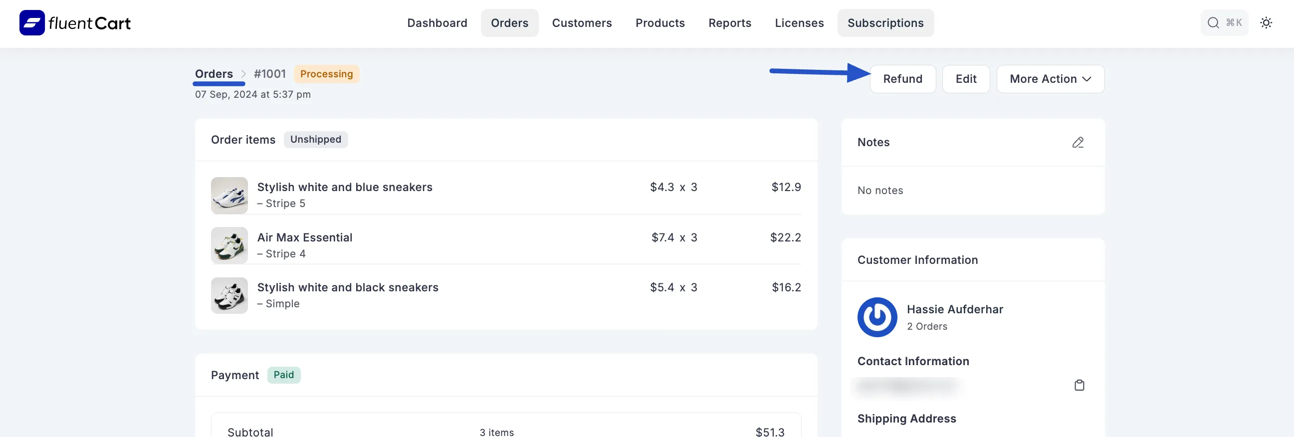 Screenshot of Refund Button on Order Details