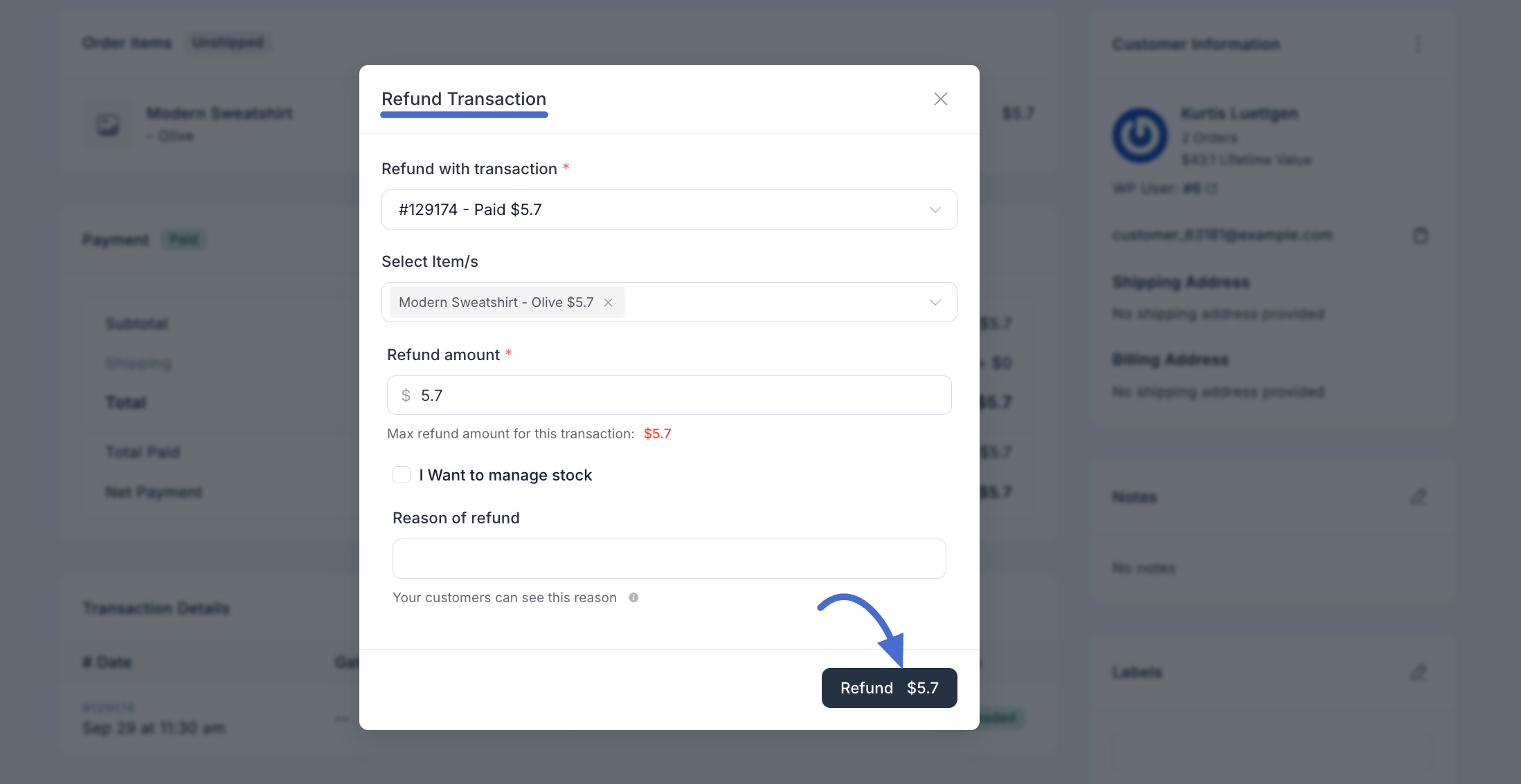 Screenshot of Refund Payment Modal