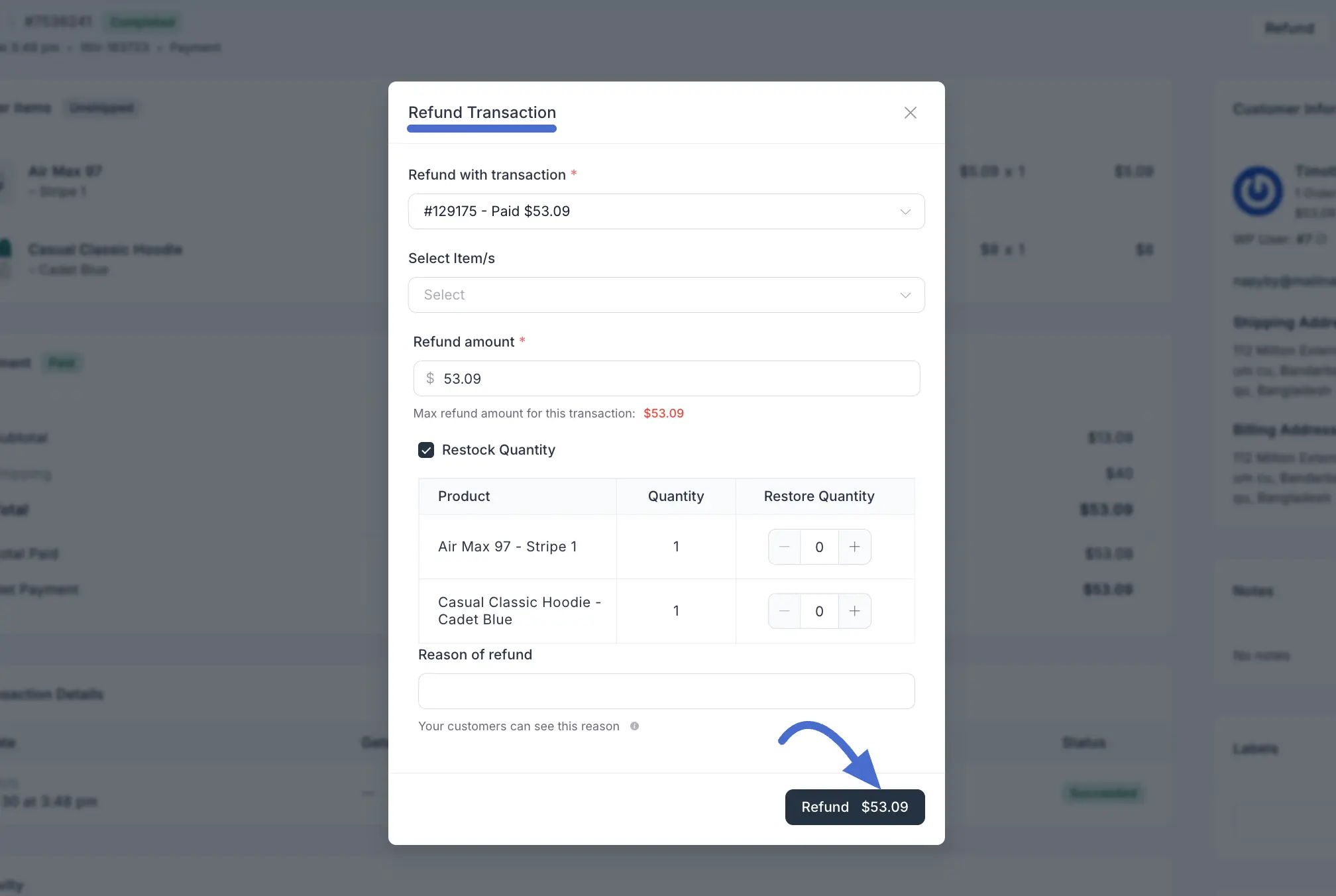 Screenshot of Refund Payment Modal