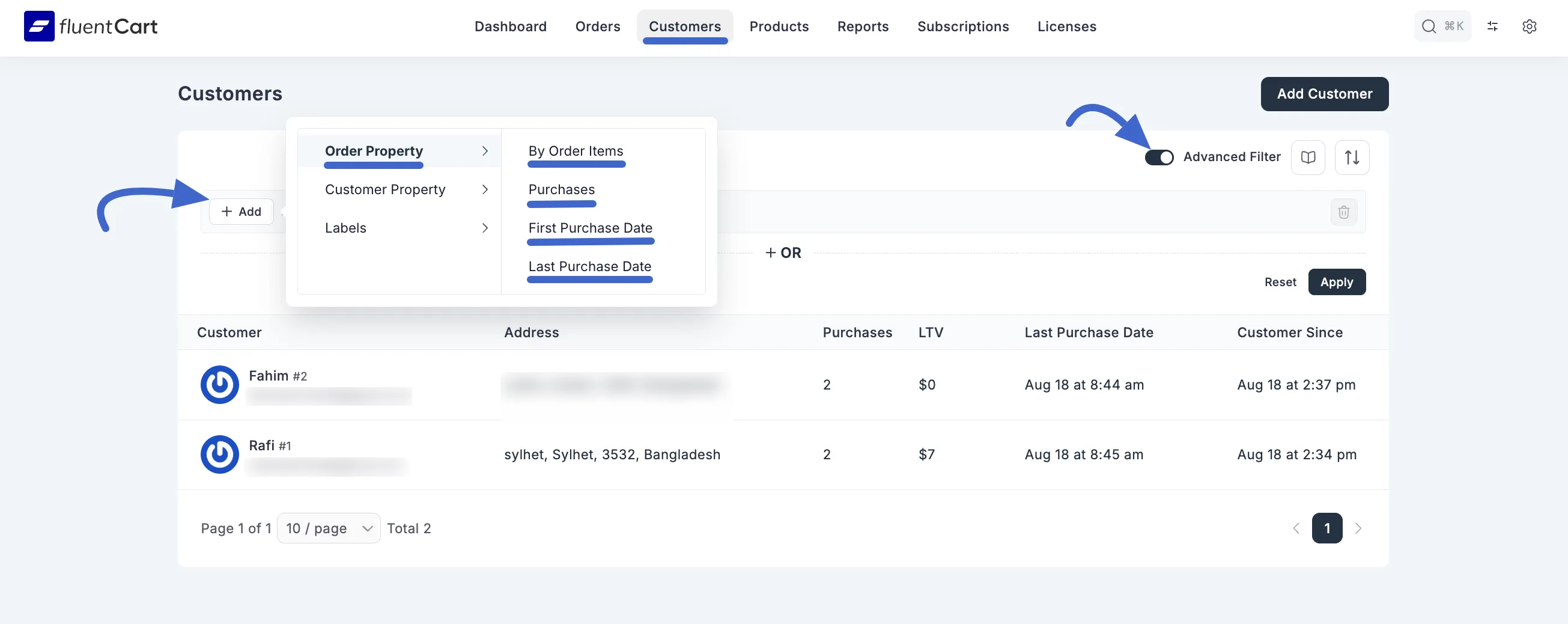 Screenshot of Advanced Filter Button