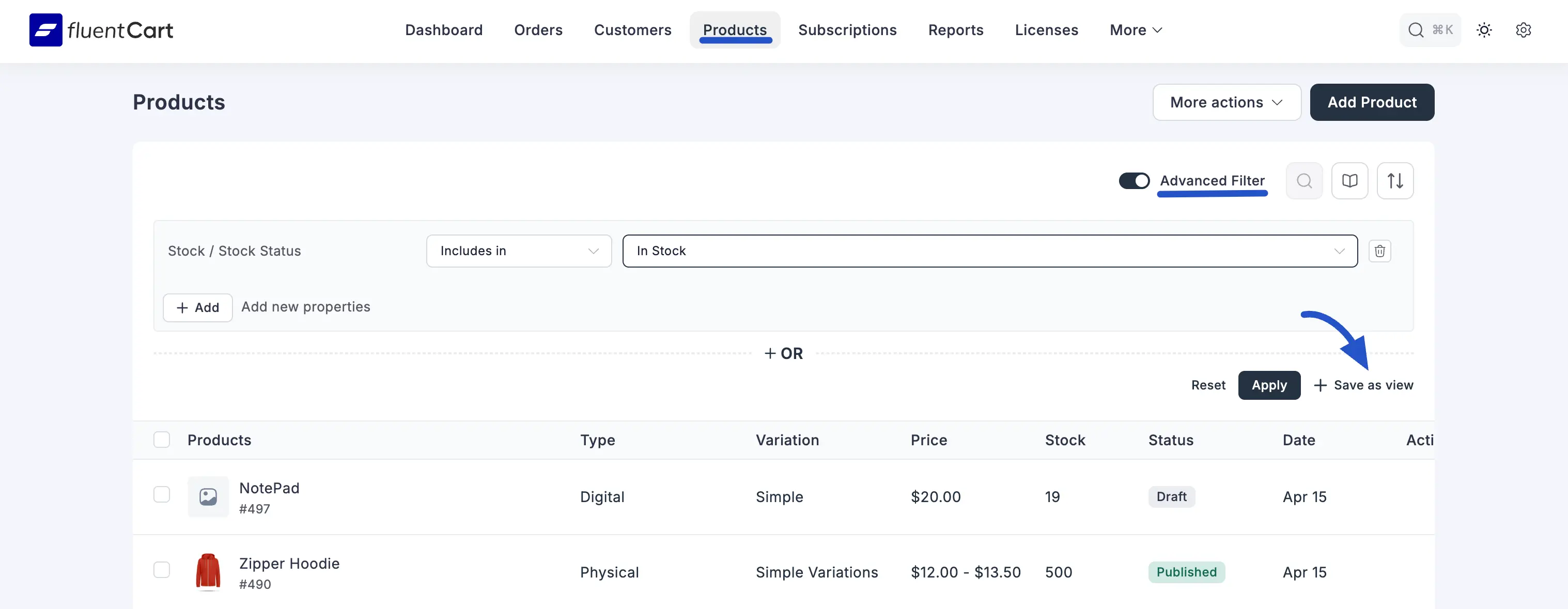 Screenshot of Advanced Filter Button