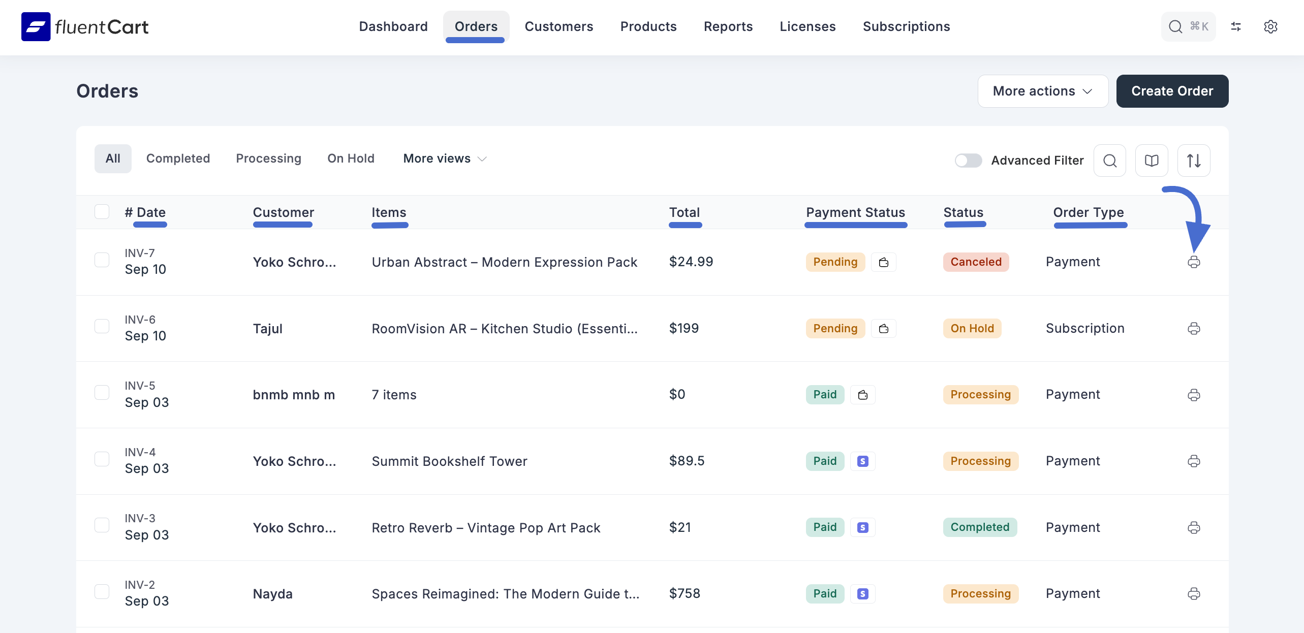 Screenshot of Orders List Page