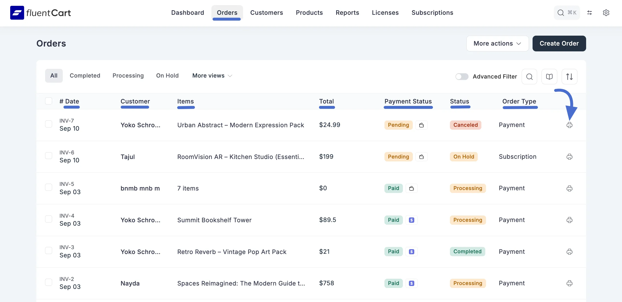Screenshot of Orders List Page