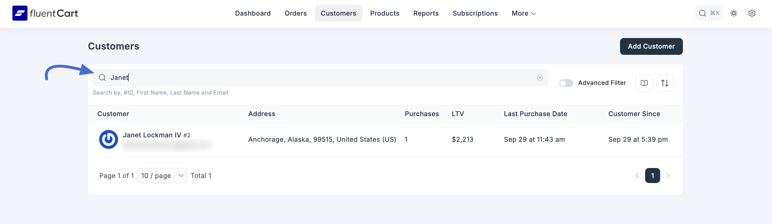 Screenshot of Customer Search Bar