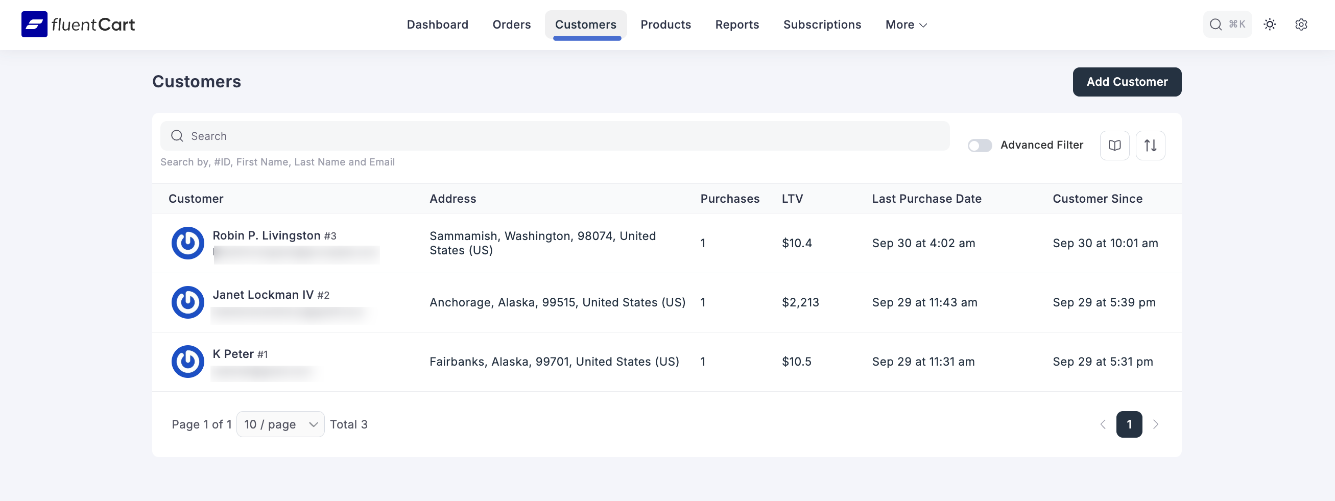 Screenshot of Customers List Page
