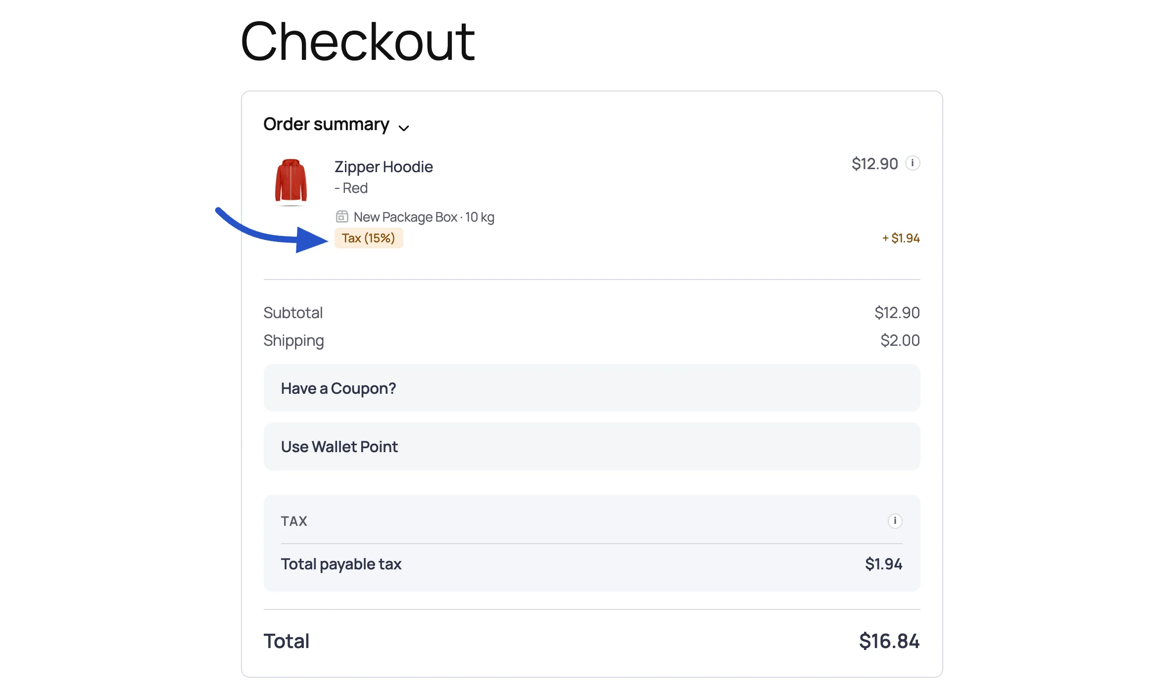 Screenshot of the checkout Order summary with tax-exclusive pricing, showing a Tax (15%) badge marked with a plus and the Total payable tax row