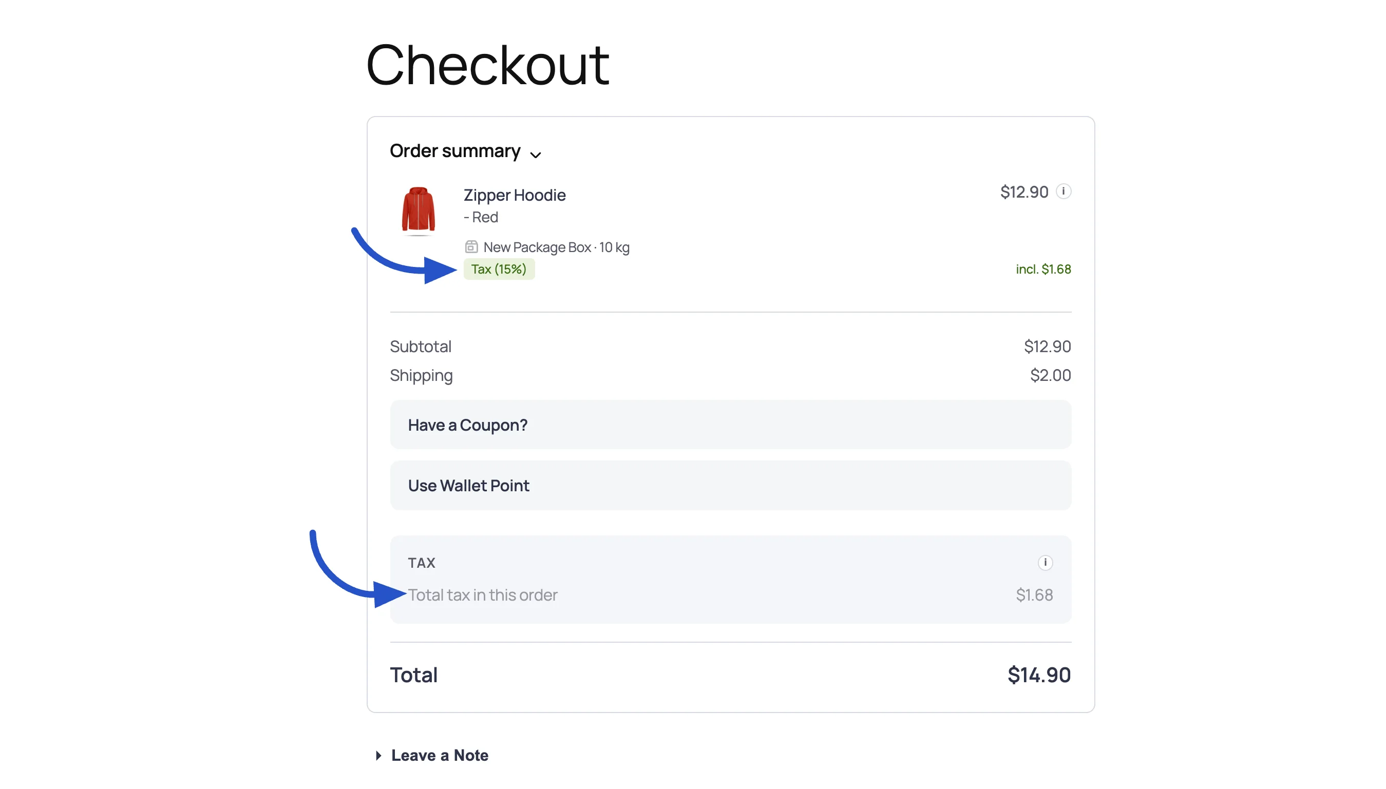 Screenshot of the checkout Order summary with tax-inclusive pricing, showing a Tax (15%) badge marked incl. and the Total tax in this order row