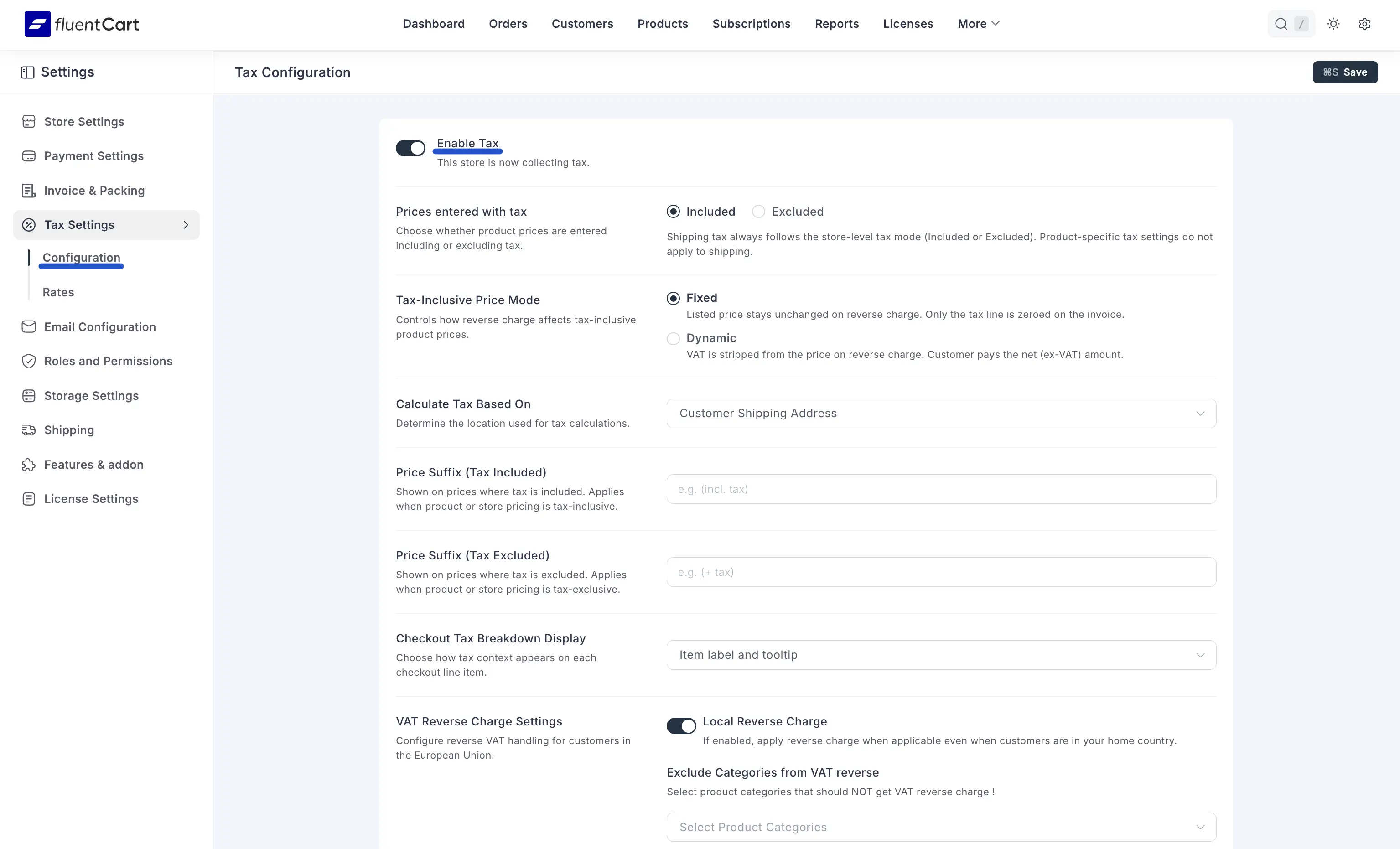 Screenshot of the Tax Configuration screen with all sections visible