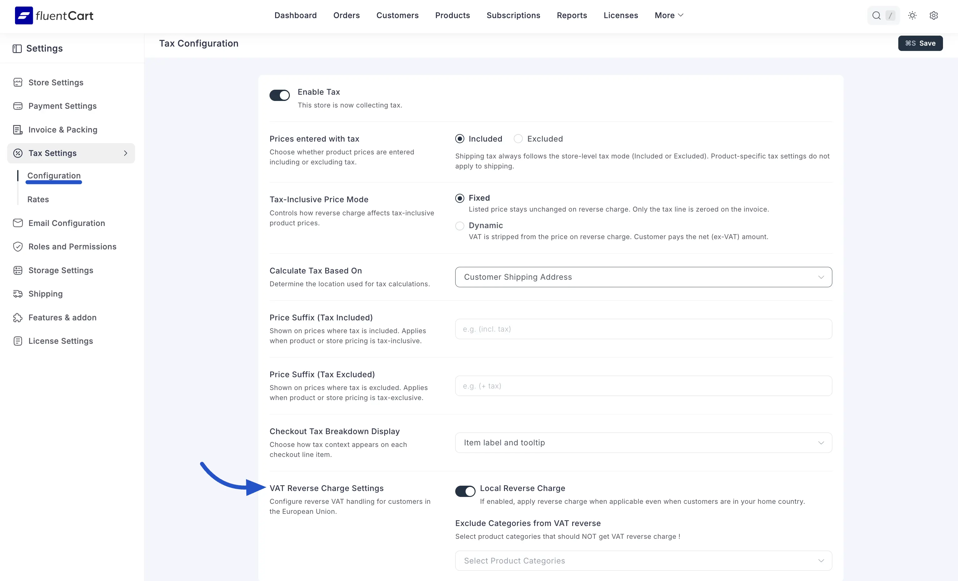 Screenshot of the VAT Reverse Charge Settings sub-panel with all controls visible